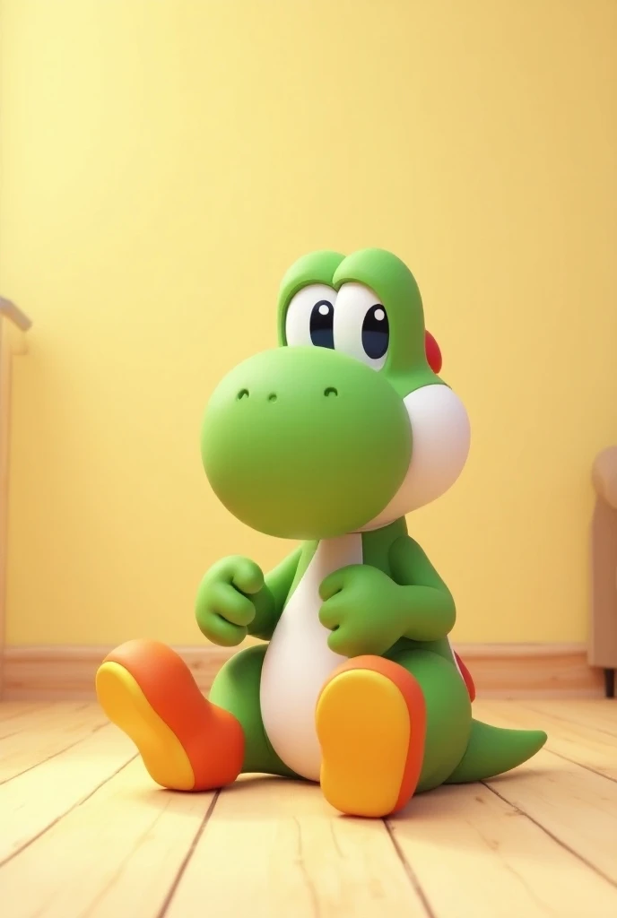 A green dinosaur, a character from Mario Bros, is happy