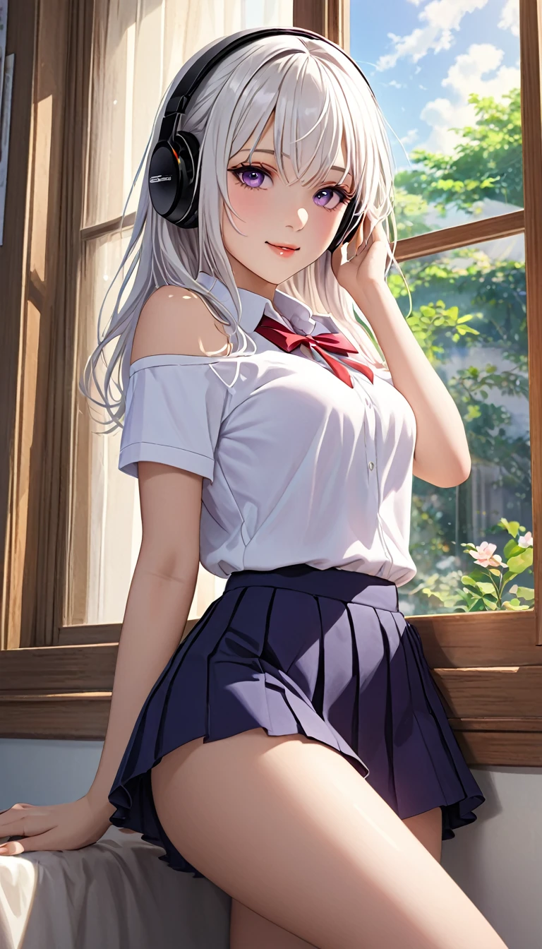 ((Anime style)), ((anime design)), (( true masterpiece)),  Very cute and pretty girl ,( Highly detailed pretty face),
realistic, 1 , standing, leaning against the window ,  loose hair falling over the face,  parted lips, Blush, standing, makeup,  light smile , white hair, Sexy school uniform:2, headphones, brilliance, thighs, Purple eye, bare shoulders:2, clavicle,  narrow waist, Room, sunlight,
( best quality ,masterpiece),absurdres, highres icon,ultradetailed, Extremely detailed,32 mil,8k resolution,
 intricate details , movie scene , detailed background ,Alone, dynamic angle ,