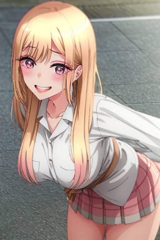 score_9, score_8_up, score_7_up, source_anime,
KitagawaMarin,
1girl, mischievous smile,
multicolored hair, long hair, magenta eyes, ear piercing, earrings, pink nails, makeup,
MarinSchool, bead bracelet, black choker, neck bell, ring, collared shirt, white shirt, short sleeves, blue necktie, plaid skirt, blue skirt, tied shirt, skirt lift,
standing, looking at viewer,
indoors, classroom, blurry background, lingerie bra, cleavage, unbuttoned shirt, wink, from above, ((selfie))
