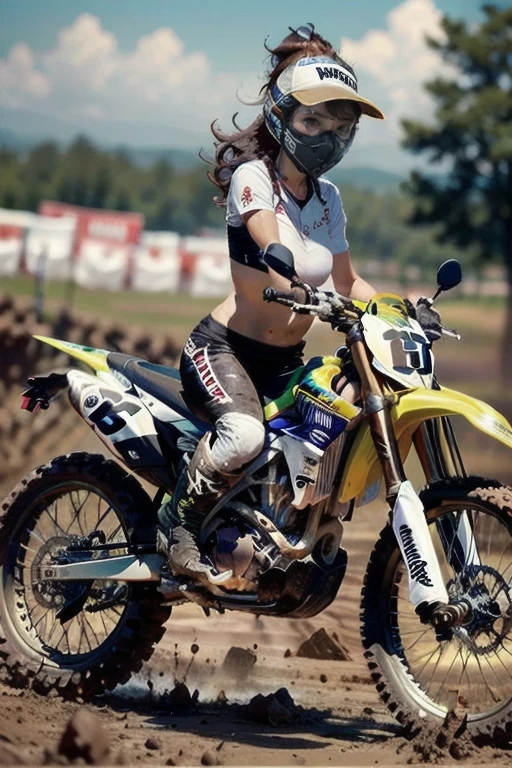 Yamaha WR250, The Racer Girl, best quality, Ultra Wide Angle, small breasts,  Brown Skin, wearing motocross boots, Motocross Championship , muddy , abs