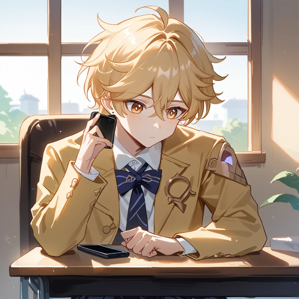 1 male, aether(genshin impact), wearing a school uniform, white top, black bottom, yellow jacket, using a phone, looking at the phone, sitting on a chair, flat face, table, window, white wall.