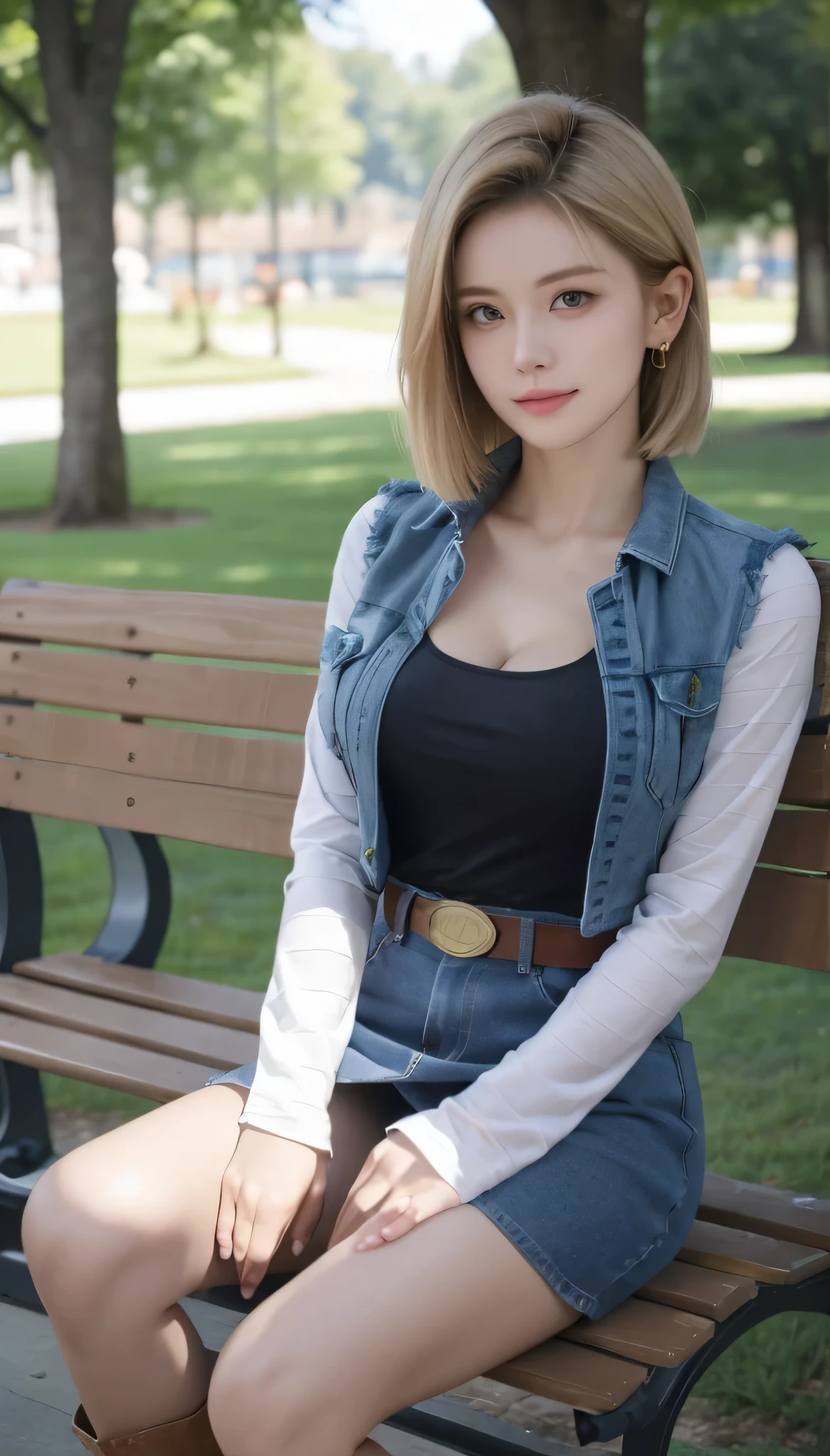 Android 18, Light Blonde, Bob short hair, Emerald green eyes, Wearing earrings, Long sleeves, Mini denim blue skirt, Black T-shirt with high cleavage, Big breasts, Denim short jacket, Belt, Pantyhose, Western boots, Looking at viewer, Slight smiling with closed lips sitting, On bench, Spread her right leg slightly, park, grass, winter, trees, blue sky, high quality, sitting, on bench, Slouching, outside, park, grass, winter, trees, blue sky, high quality, masterpiece,  