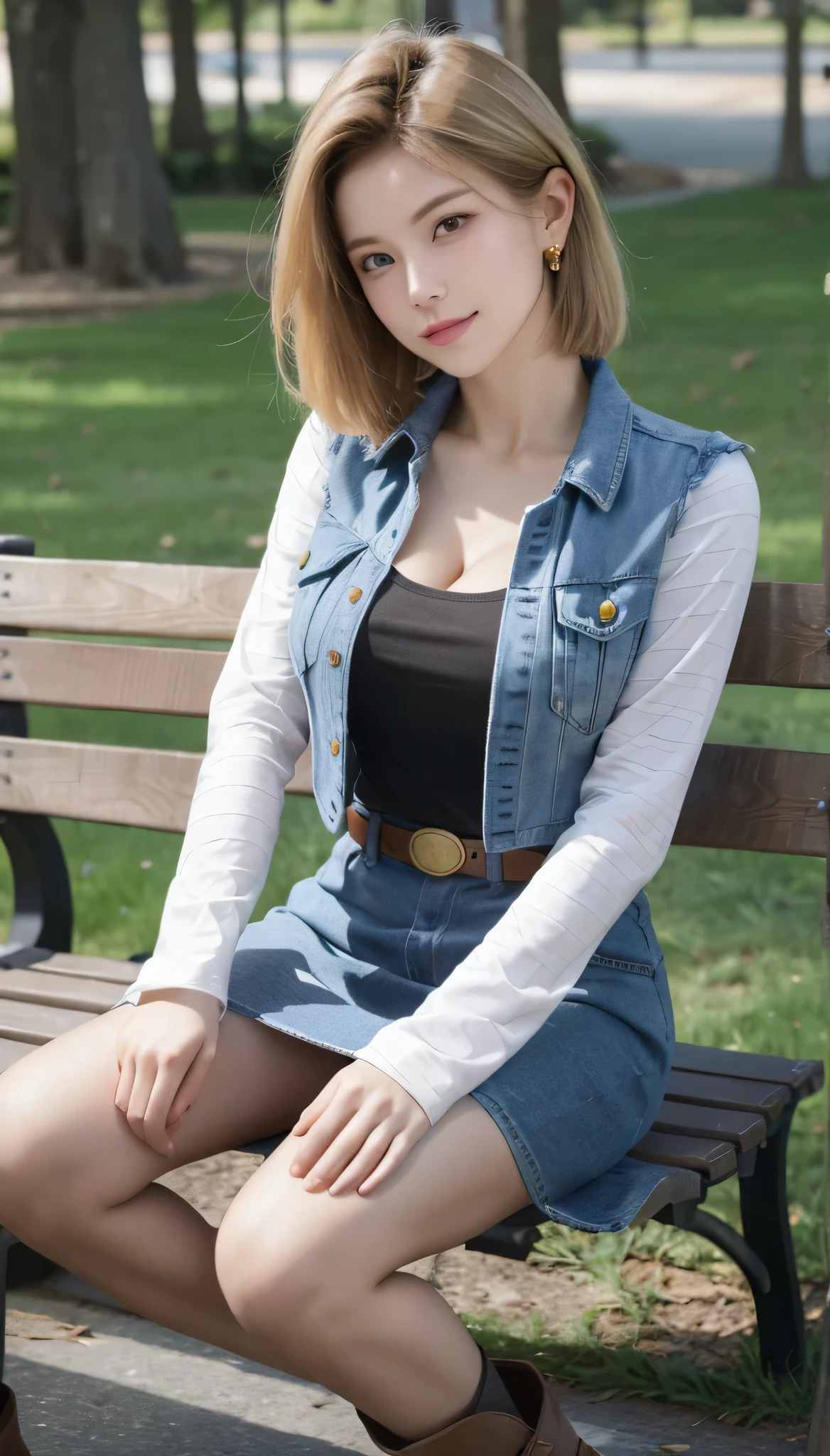 Android 18, Light Blonde, Bob short hair, Emerald green eyes, Wearing earrings, Long sleeves, Mini denim blue skirt, Black T-shirt with high cleavage, Big breasts, Denim short jacket, Belt, Pantyhose, Western boots, Looking at viewer, Slight smiling with closed lips sitting, On bench, Spread her right leg slightly, park, grass, winter, trees, blue sky, high quality, sitting, on bench, Slouching, outside, park, grass, winter, trees, blue sky, high quality, masterpiece,  