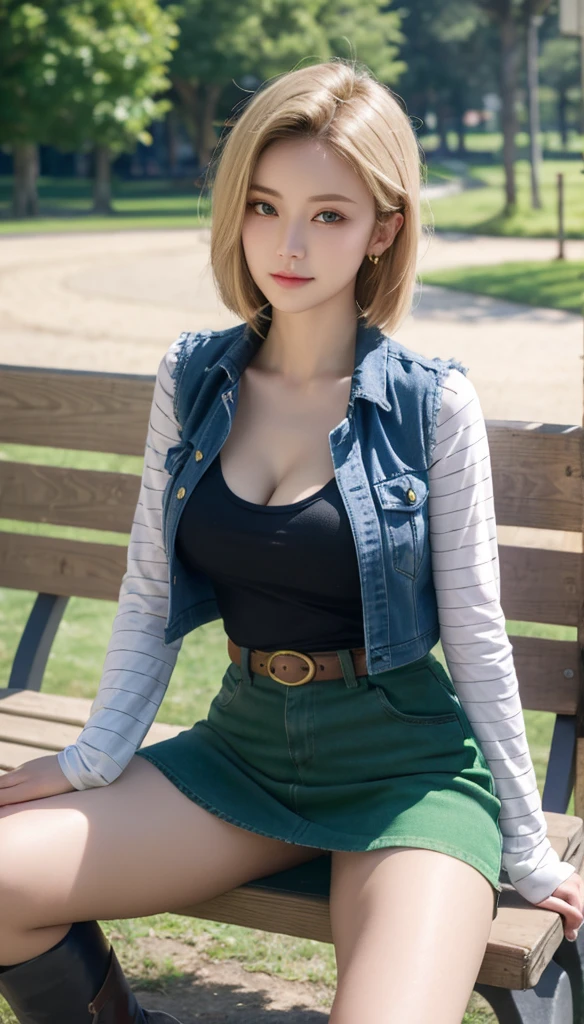 Android 18, Light Blonde, Bob short hair, Emerald green eyes, Wearing earrings, Long sleeves, Mini denim ublue skirt, Black T-shirt with high cleavage, Big breasts, Denim short jacket, Belt, Pantyhose, Western boots, Looking at viewer, Slight smiling with closed lips sitting, On bench, Spread her right leg slightly, The front of the denim skirt is pushed up slightly, park, grass, winter, trees, blue sky, high quality, sitting, on bench, Slouching, outside, park, grass, winter, trees, blue sky, high quality, masterpiece,  