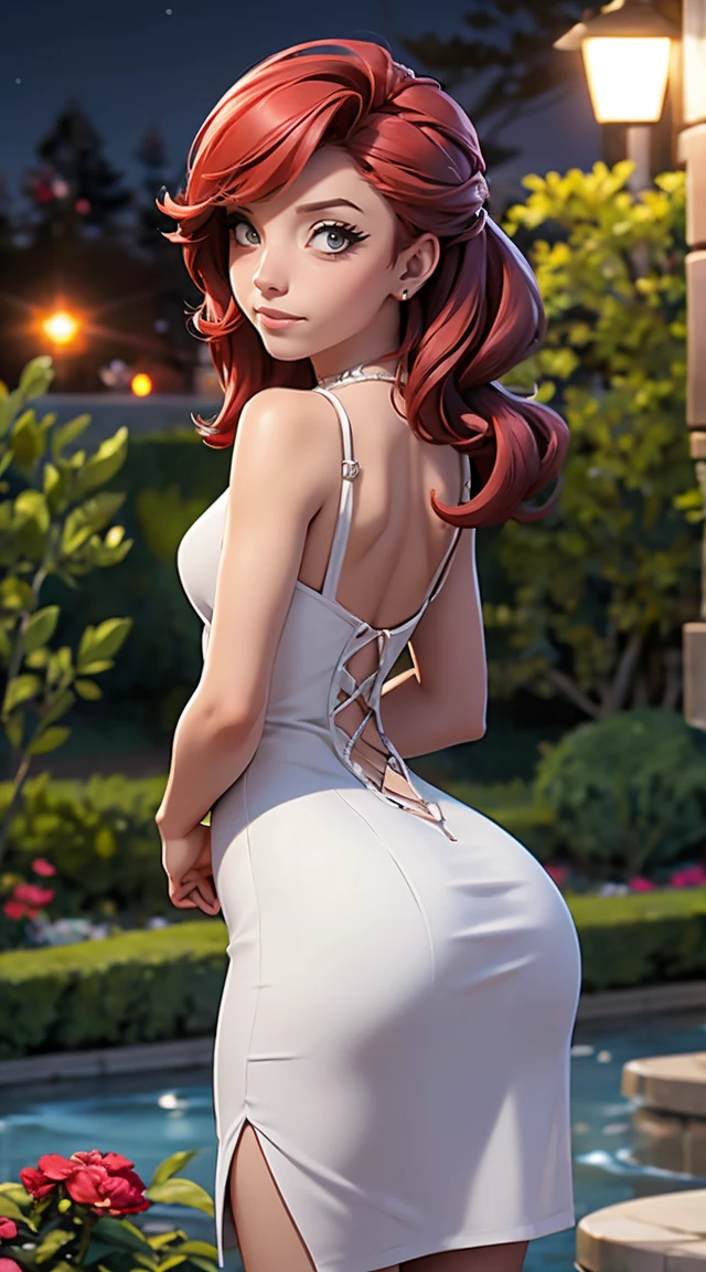 White woman, 21 years old, Thin and small,  she's wearing an elegant gray dress, Red hair, Beauty,  big butt, Garden background at night 