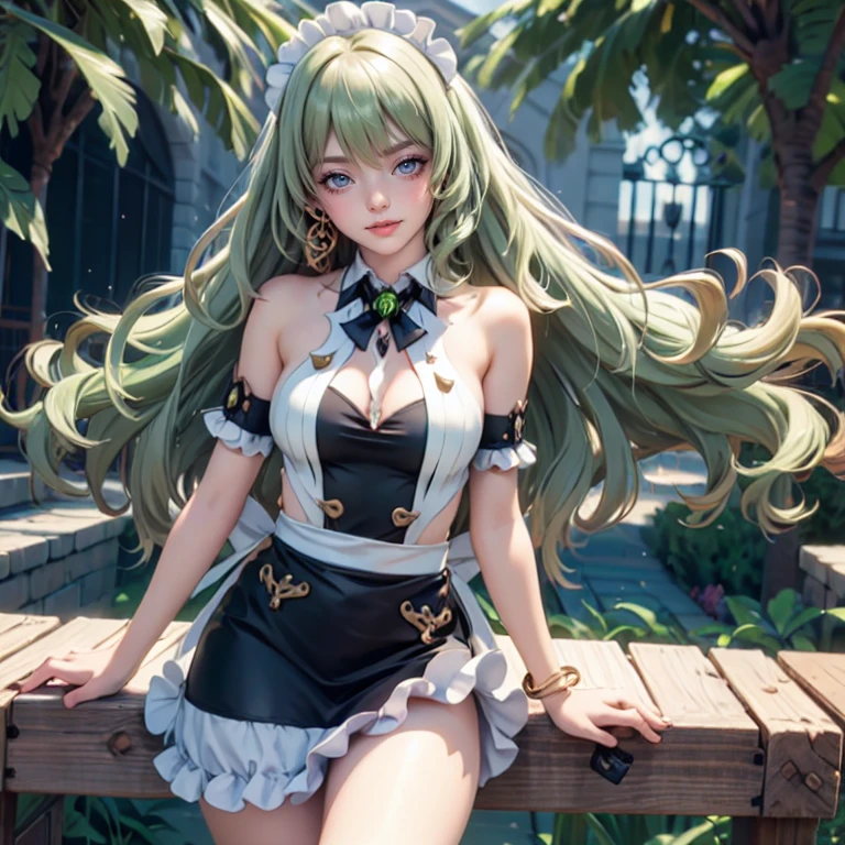 Mobius_(honkai impact), 1girl, dress, jewelry, glow hair, flowing hair, ahoge, armpits, maid dress, maid costume, maid apron, green hair, sitting on the grass, Showing the whole body, Front view, maid dress, maid dress with too many frills, black maid dress, white laces, green gem, frills, luxury details, gold jewelry, more details, best quality, blushing, sparkle, solo, centered girl, cowboy shot, glowing hair, solo, flowing hair, floating hair, ornament hair, stomach, strapless, streaked hair, thigh gap, thighs, tube top, very long hair