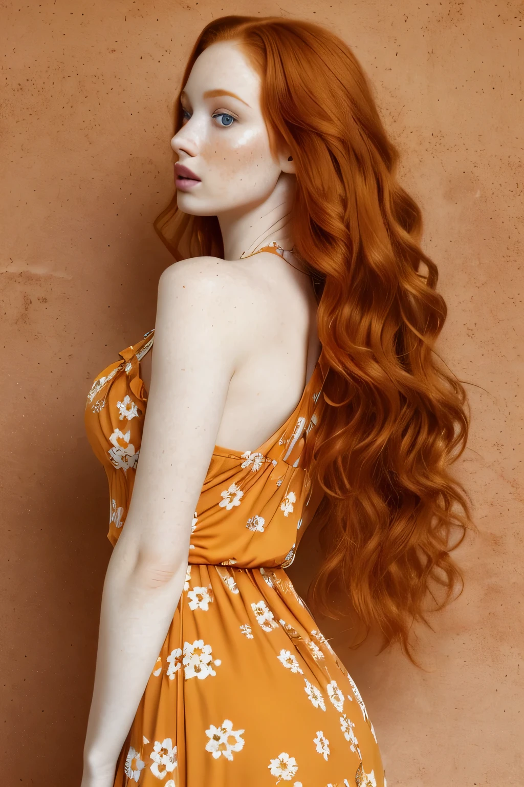 1girl in, age21, Madelaine Petsch, photo of perfect woman, 5'3", Solo, Aesthetic artwork, (irish  redhead, wavy ginger hair, shoulder length ginger hair:1.25), (some small freckles, pale skin, small breasts, B-cup hard nipples, runners body, very thin waist, skinny, petite, detailed skin texture), (blank background, plain background, blank wall, (wearing an orange colored sundress. A orange dress, floral pattern forn fitted top, side profile, side view), (extremely detailed 8k wallpaper), soft lighting, high quality, film grain, Fujifilm XT3 sharp focus, f 5.6, 50mm, High Detail, Sharp focus,(natural light), crazy details, complex details, hyper detailed