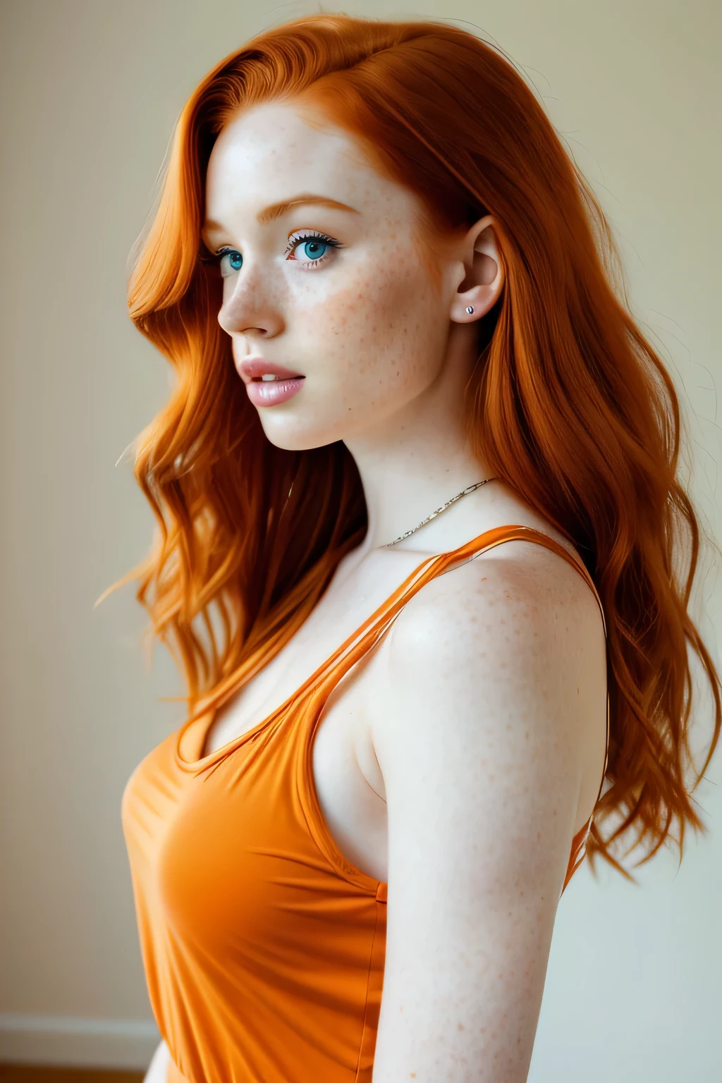 1girl in, age21, Madelaine Petsch, photo of perfect woman, 5'3", Solo, Aesthetic artwork, (irish  redhead, wavy ginger hair, shoulder length ginger hair:1.25), (some small freckles, pale skin, small breasts, B-cup hard nipples, runners body, very thin waist, skinny, petite, detailed skin texture), (blank background, plain background, blank wall, (wearing an orange colored sundress. A orange dress, floral pattern forn fitted top, side profile, side view), (extremely detailed 8k wallpaper), soft lighting, high quality, film grain, Fujifilm XT3 sharp focus, f 5.6, 50mm, High Detail, Sharp focus,(natural light), crazy details, complex details, hyper detailed