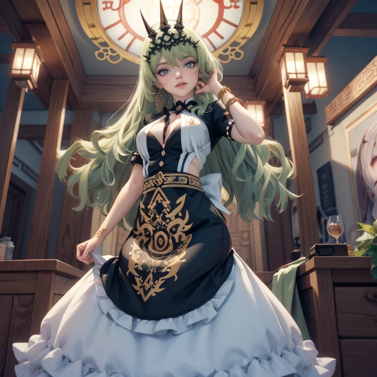 Mobius_(honkai impact 3d), ornament hair, perfectly body, perfectly hands, wave hair, light green hair, long hair, maid, maid dress, maid headdress, maid apron, garden, temple, shrine, outside, Chinese festival scenery, gold lantern, Chinese lantern, fireworks, black dress, more details on her clothes, black dress, golden details, night, smiling, ((4k, masterpiece, top-quality)),8k, best quality, high resolution, HD, (illustration:0.8), super cute girl, delicate and beautiful face, 1girl, solo, mature girl, super cute hairstyle, (beautiful detailed eyes:1.6), extremely detailed face, perfect lighting, extremely detailed CG, (perfect hands, perfect anatomy), Best quality, cleavage, skirt, full Body,