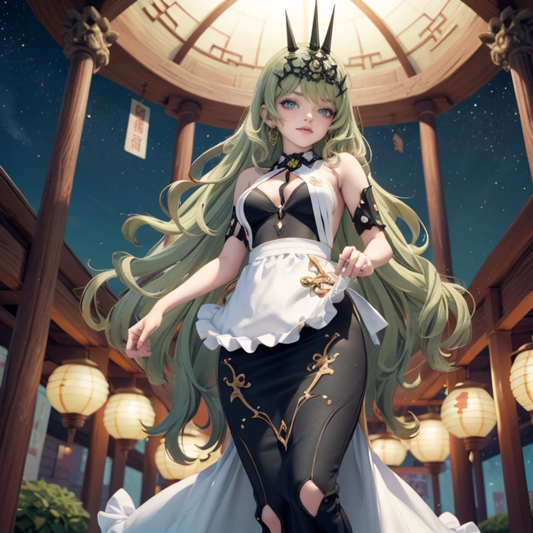 Mobius_(honkai impact 3d), ornament hair, perfectly body, perfectly hands, wave hair, light green hair, long hair, maid, maid dress, maid headdress, maid apron, garden, temple, shrine, outside, Chinese festival scenery, gold lantern, Chinese lantern, fireworks, black dress, more details on her clothes, black dress, golden details, night, smiling, ((4k, masterpiece, top-quality)),8k, best quality, high resolution, HD, (illustration:0.8), super cute girl, delicate and beautiful face, 1girl, solo, mature girl, super cute hairstyle, (beautiful detailed eyes:1.6), extremely detailed face, perfect lighting, extremely detailed CG, (perfect hands, perfect anatomy), Best quality, cleavage, skirt, full Body,