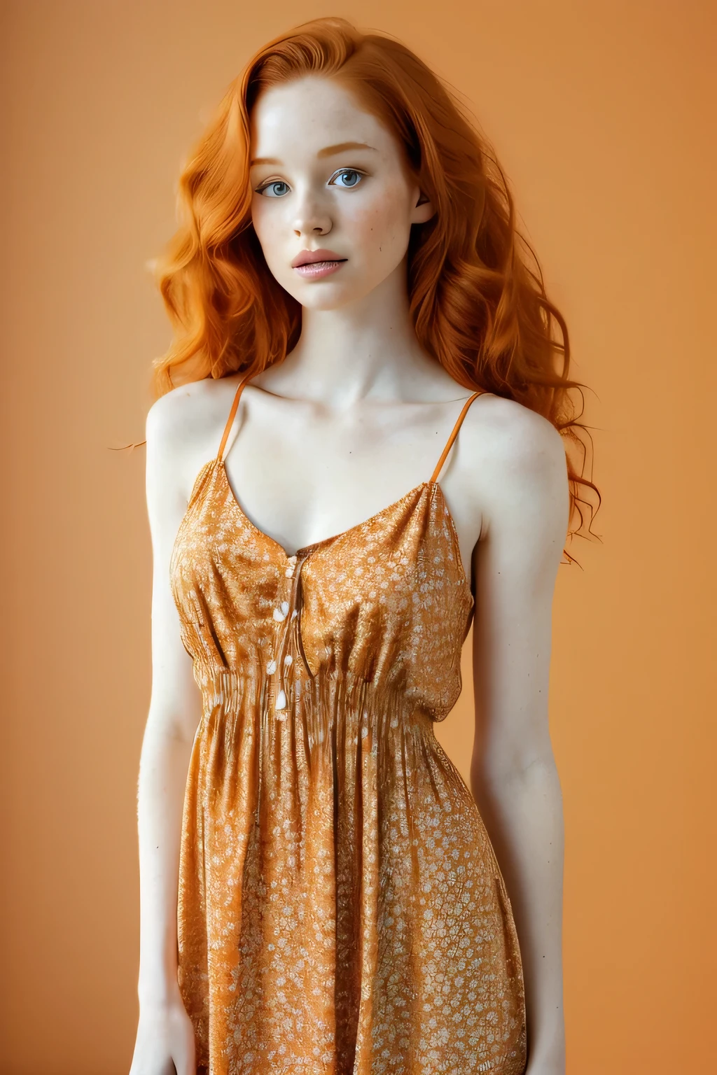 1girl in, age21, Madelaine Petsch, photo of perfect woman, 5'3", Solo, Aesthetic artwork, (irish  redhead, wavy ginger hair, shoulder length ginger hair:1.25), (some small freckles, pale skin, small breasts, B-cup, hard nipples, runners body, very thin waist, skinny, petite, detailed skin texture), (blank background, plain background, blank wall, (wearing an orange colored sundress. A orange dress, floral pattern forn fitted top), (extremely detailed 8k wallpaper), soft lighting, high quality, film grain, Fujifilm XT3 sharp focus, f 5.6, 50mm, High Detail, Sharp focus,(natural light), crazy details, complex details, hyper detailed