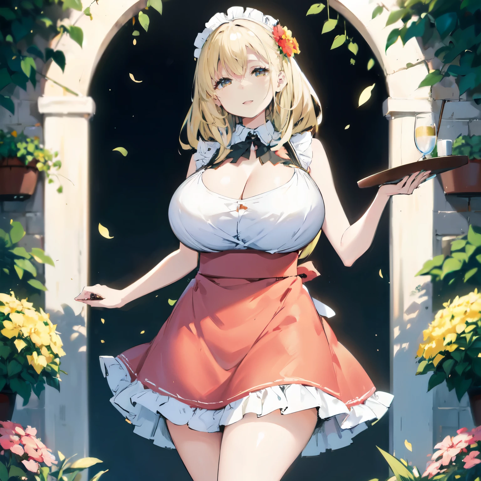 Blonde hair, very huge  , ((apron ,long skirt)), ((thick, busty)), amber eyes,  upperbody, smile, cleavage, legs, thigh, garden flower background