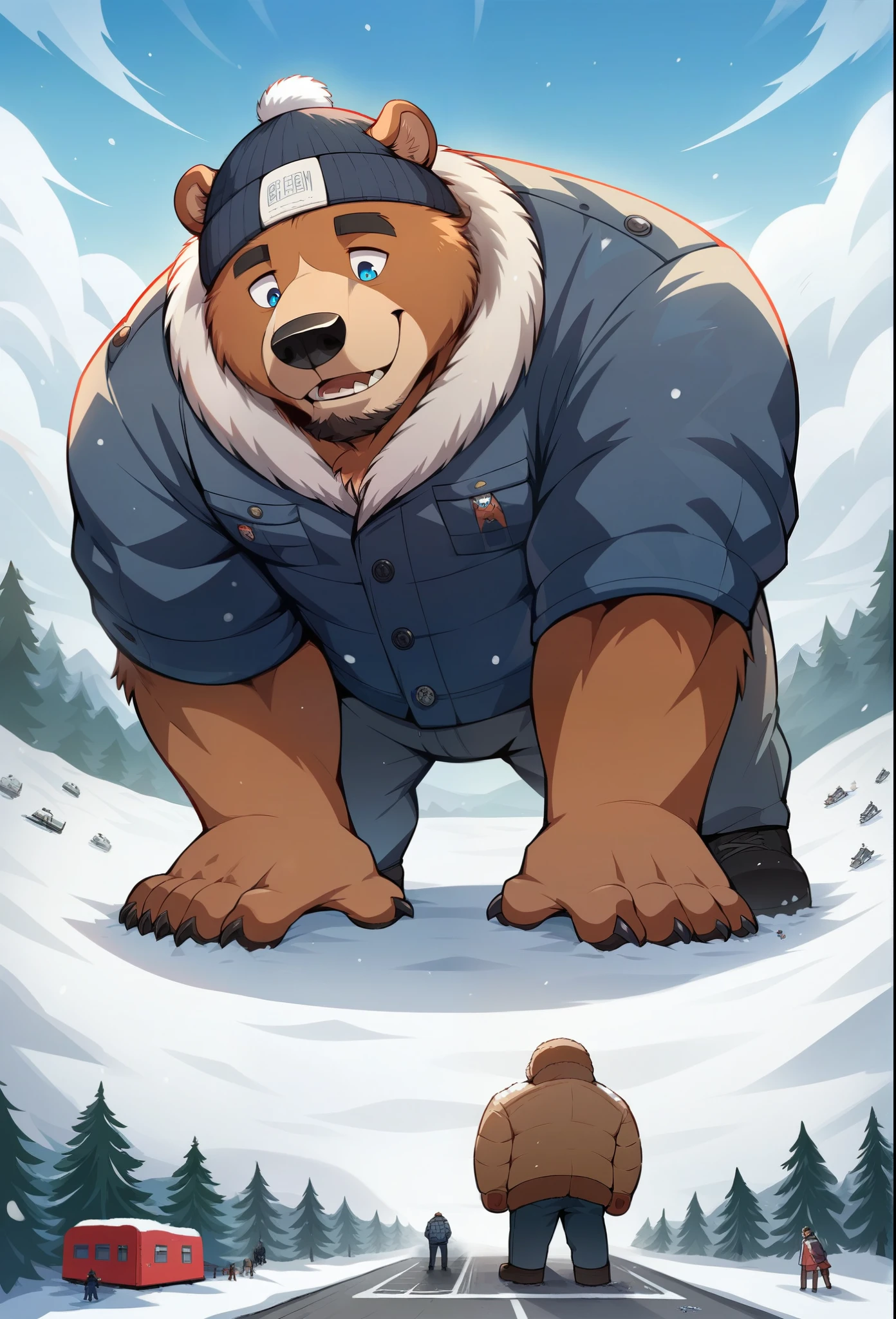 , Musclegut, big chest, cute bear boy, Brown body hair, blush, embarrassed, grit your teeth, Scarf, T-shirt, sneakers, squat, masturbate together, Small dick, sweaty, A large amount of precum drips, winter, Material storage area