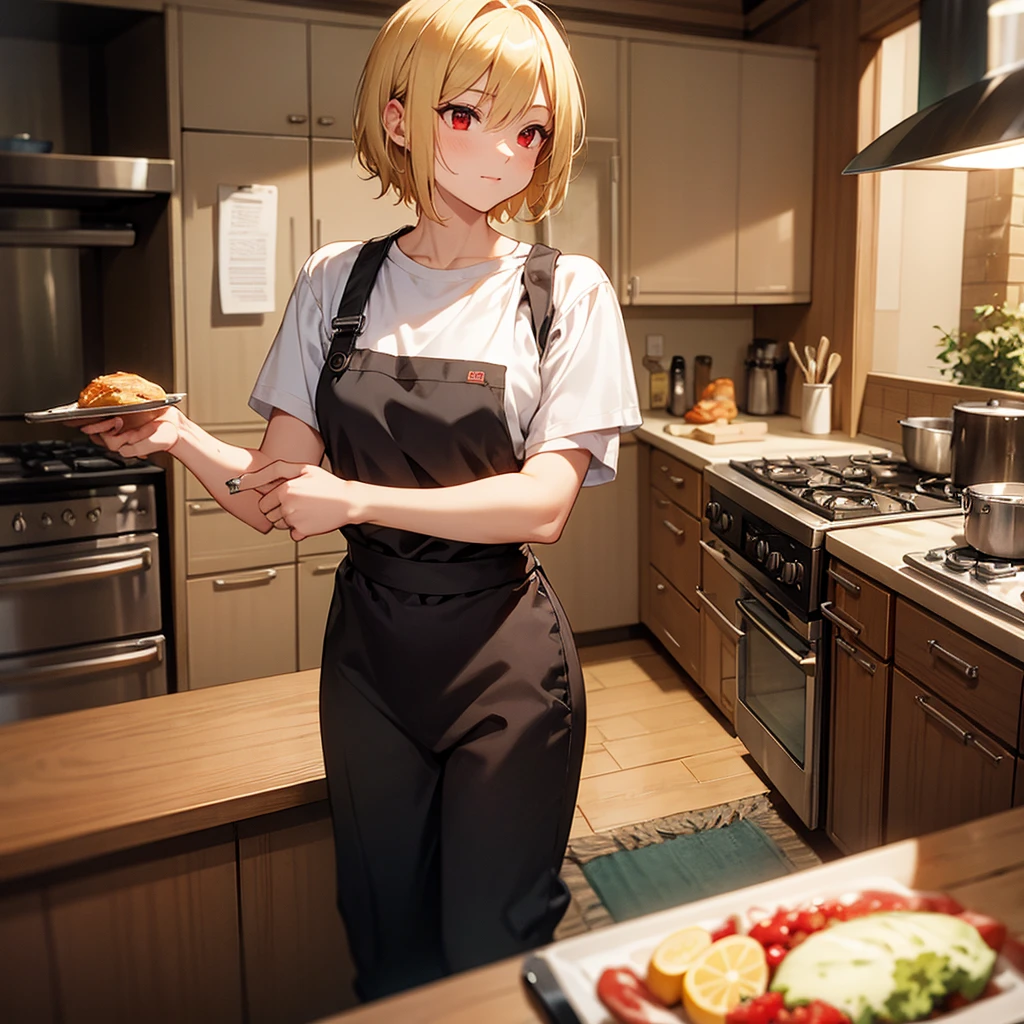 [Katsuki Bakugo, male, tone, mature: 1.5] [blonde hair, short spikey hair, red eyes] [tshirt, cargo pants, cooking apron] [night time] [detail eyes, detail face, detail hand] [alone, standing at a stove, cooking, kitchen setting]