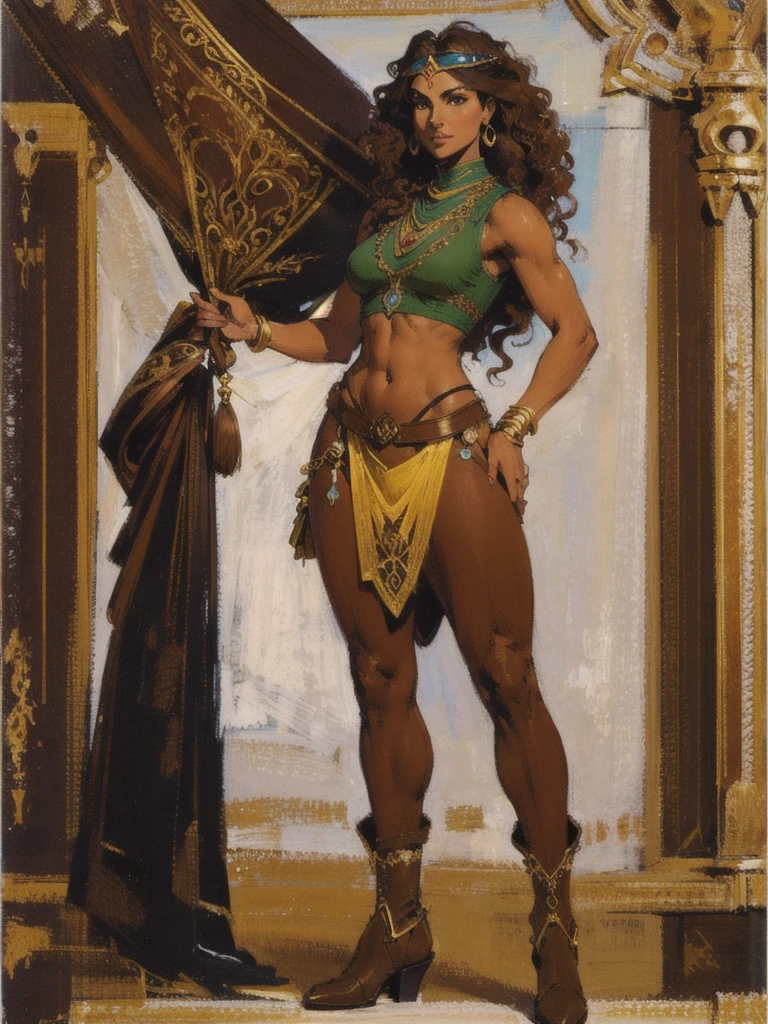 diana  <lora:diana_dnd_V1:1>, pelt, holding, holding weapon, dungeon background, hand on hip, midriff, smile, navel, standing, knee boots, brown top, brown shorts, brown boots, gold headband, gold armlet, gold necklace, gold belt, red gemstone, absurdres