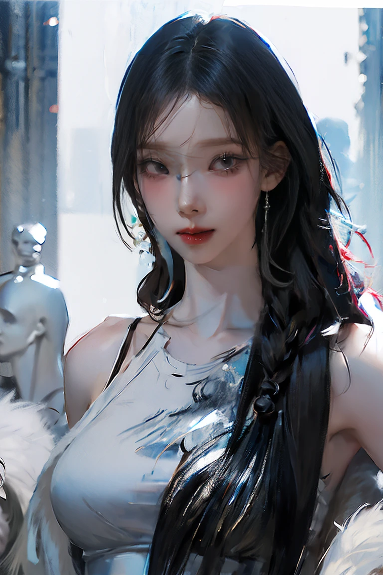 Masterpiece,Game art,The best picture quality,Highest resolution,8K,(Portrait),Unreal Engine 5 rendering works,(Digital Photography),((Portrait Feature:1.5)),
20 year old girl,Short hair details,With long bangs,(The red eye makeup is very meticulous),(With long gray hair:1.4),(Large, full breasts),Elegant and noble,Brave and charming,
(Future armor combined with the characteristics of ancient Chinese armor,Hollow design,Power Armor,The mysterious Eastern runes,A delicate dress pattern,A flash of magic),Warrior of the future,Cyberpunk figures,Background of war,
Movie lights，Ray tracing，Game CG，((3D Unreal Engine))，OC rendering reflection pattern