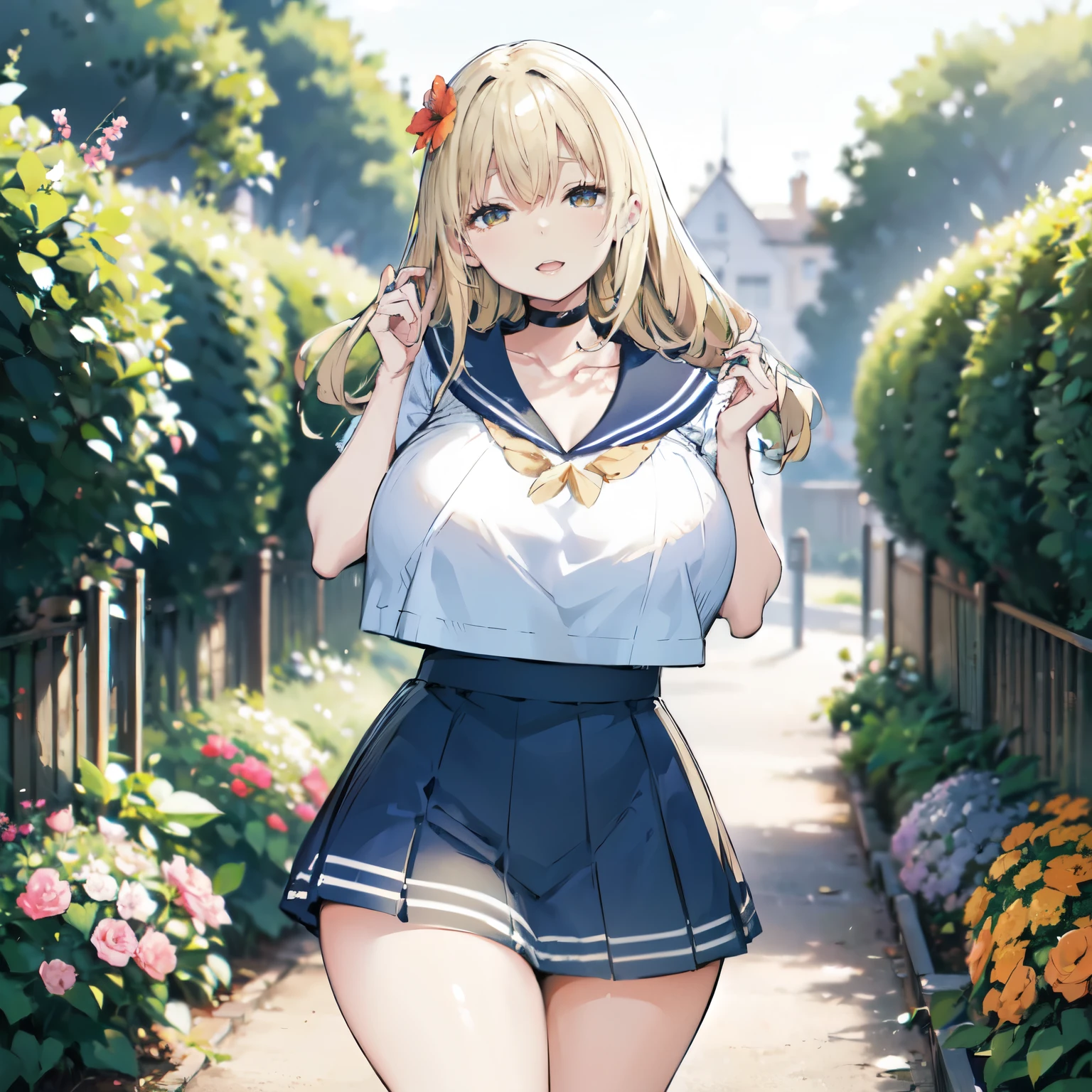 Blonde hair, very huge tits , ((sailor uniform)), ((thick, busty)), amber eyes,  upperbody, smile, cleavage, legs, thigh, garden flower background