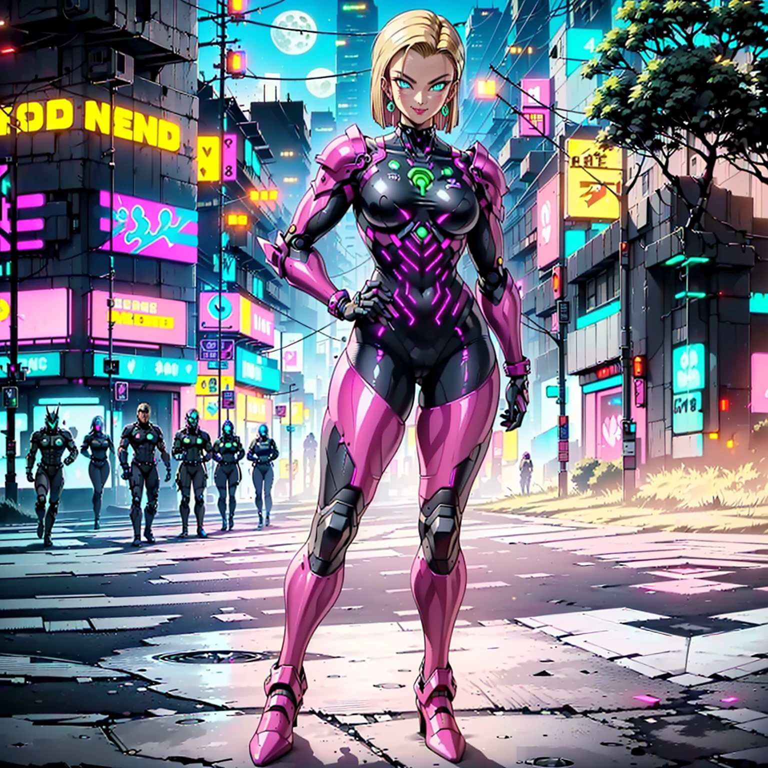 ((1girl, solo ,alone, (Android 18, 1girl, android 18, solo, blonde hair, short hair, blue eyes, earrings, jewelry), muscular female, gold bracelets, ruby earrings)), fitness, ((solo, (1woman, pink lipstick), Extremely detailed, ambient soft lighting, 4k, perfect eyes, a perfect face, perfect lighting, a 1girl)), ((fitness, , shapely body, athletic body, toned body)), ((militant combatants, wearing hologram armored combat suits that fit tightly to the body and blend into the surrounding scenery, cyberpunk armor suit, woman, cyber armor, smug, smug smile, framing against diving, cyberpunk city, armor, bodysuit, mecha, robot, ((pink armor, black armor suit, night, full moon, street, trees, neon lights, cyberpunk city, jade, cyberpunk city,)), red lipstick, fan))