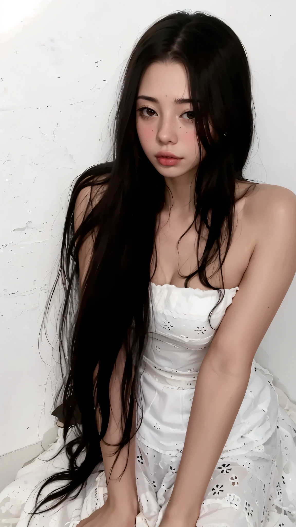 Naked without clothes, her breasts are visible