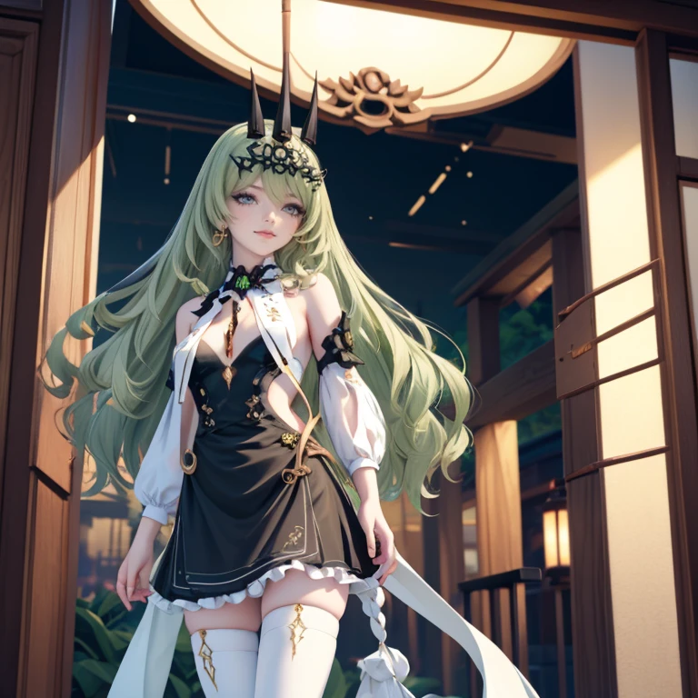 Mobius_(honkai impact 3d), ornament hair, perfectly body, perfectly hands, wave hair, light green hair, long hair, maid, maid dress, maid headdress, maid apron, garden, temple, shrine, outside, Chinese festival scenery, gold lantern, Chinese lantern, fireworks, black dress, more details on her clothes, black dress, golden details, night, smiling, ((4k, masterpiece, top-quality)),8k, best quality, high resolution, HD, (illustration:0.8), super cute girl, delicate and beautiful face, 1girl, solo, mature girl, super cute hairstyle, (beautiful detailed eyes:1.6), extremely detailed face, perfect lighting, extremely detailed CG, (perfect hands, perfect anatomy), Best quality, cleavage, skirt, full Body,