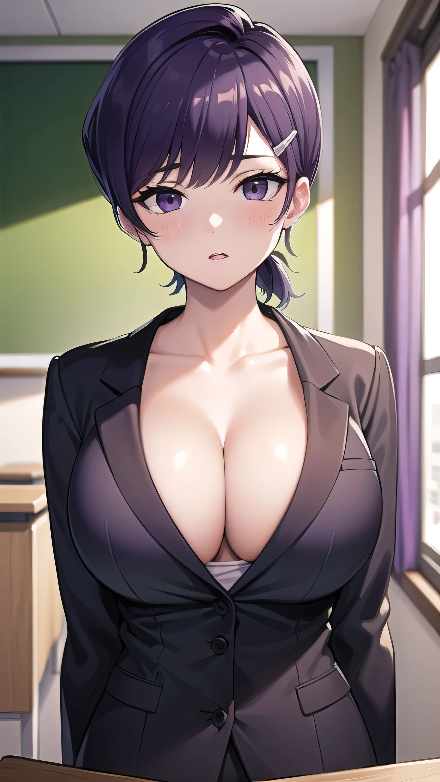 Komi Shuuko, One woman, Short Hair, (purple hair:1.5), hair ornaments, (Purple eyes:1.3), Sharp Eyes, ponytail, Hair Clip, shirt, Cleavage, clavicle, Jacket, opened jacket, White shirt, opened shirt, formal, suit, indoors, classroom, looking at viewer, (masterpiece:1.2), highest quality, High resolution, unity 8k wallpaper, (figure:0.8), (Beautiful fine details:1.6), Highly detailed face, Perfect lighting, Highly detailed CG, (Perfect hands, Perfect Anatomy), (Large Breasts:1.5), nipples, exposed , blush, upper body