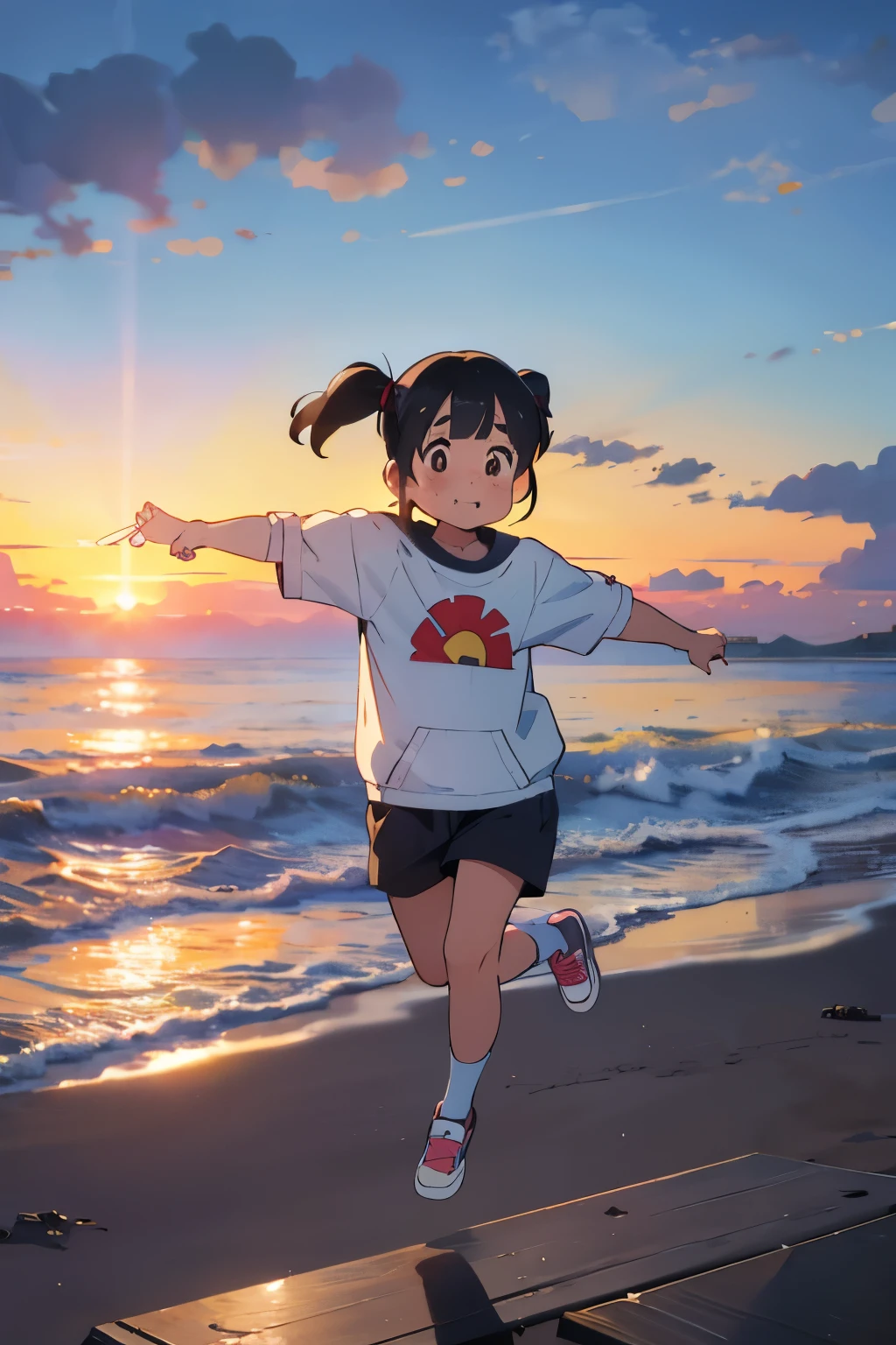 Squats and，  a very young girl ，1 person，Droopy eyes，baby face，Round face， thick eyebrows，  short twin tail pointing towards the viewer， straight bang ， Black Hair ，Glasses， Brown Eyes ，Seaside Park， positive， Very short stature， toddler figure ，To you， has a smiling face ，Sunny midsummer day， sneakers， On a seaside pier on a midsummer night，Crash into the pier at full speed、 Jumping into the sea， Beautiful Sunset ，(:1.5)，