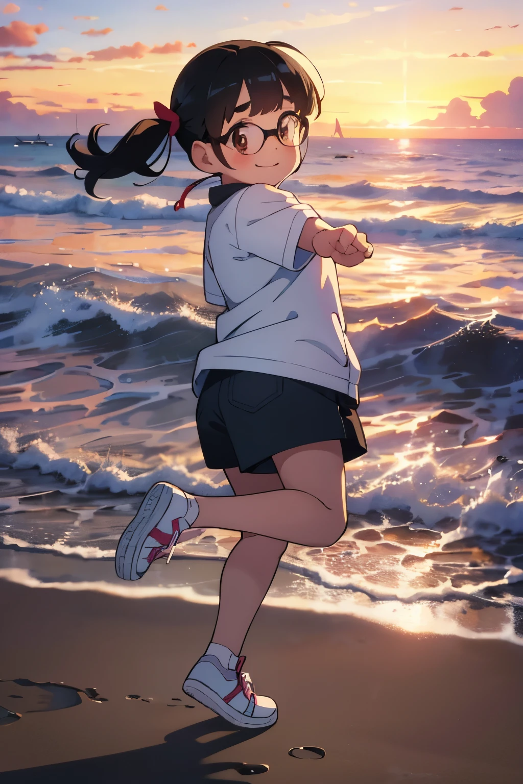 Squats and，  a very young girl ，1 person，Droopy eyes，baby face，Round face， thick eyebrows，  short twin tail pointing towards the viewer， straight bang ， Black Hair ，Glasses， Brown Eyes ，Seaside Park， positive， Very short stature， toddler figure ，To you， has a smiling face ，Sunny midsummer day， sneakers， On a seaside pier on a midsummer night，Crash into the pier at full speed、 Jumping into the sea， Beautiful Sunset ，(:1.5)，