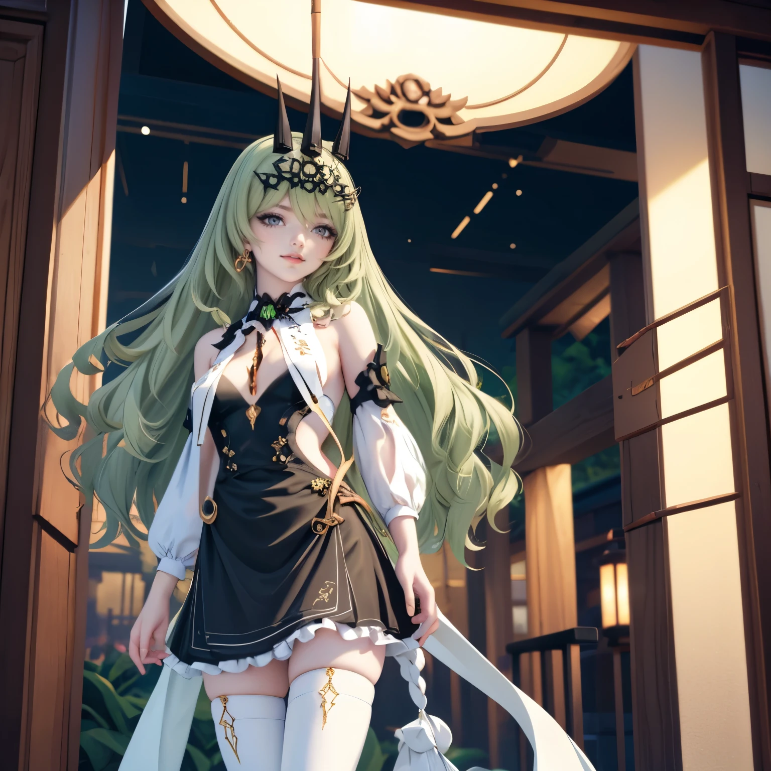 Mobius_(honkai impact 3d), ornament hair, perfectly body, perfectly hands, wave hair, light green hair, long hair, maid, maid dress, maid headdress, maid apron, garden, temple, shrine, outside, Chinese festival scenery, gold lantern, Chinese lantern, fireworks, black dress, more details on her clothes, black dress, golden details, night, smiling, ((4k, masterpiece, top-quality)),8k, best quality, high resolution, HD, (illustration:0.8), super cute girl, delicate and beautiful face, 1girl, solo, mature girl, super cute hairstyle, (beautiful detailed eyes:1.6), extremely detailed face, perfect lighting, extremely detailed CG, (perfect hands, perfect anatomy), Best quality, cleavage, skirt, full Body,