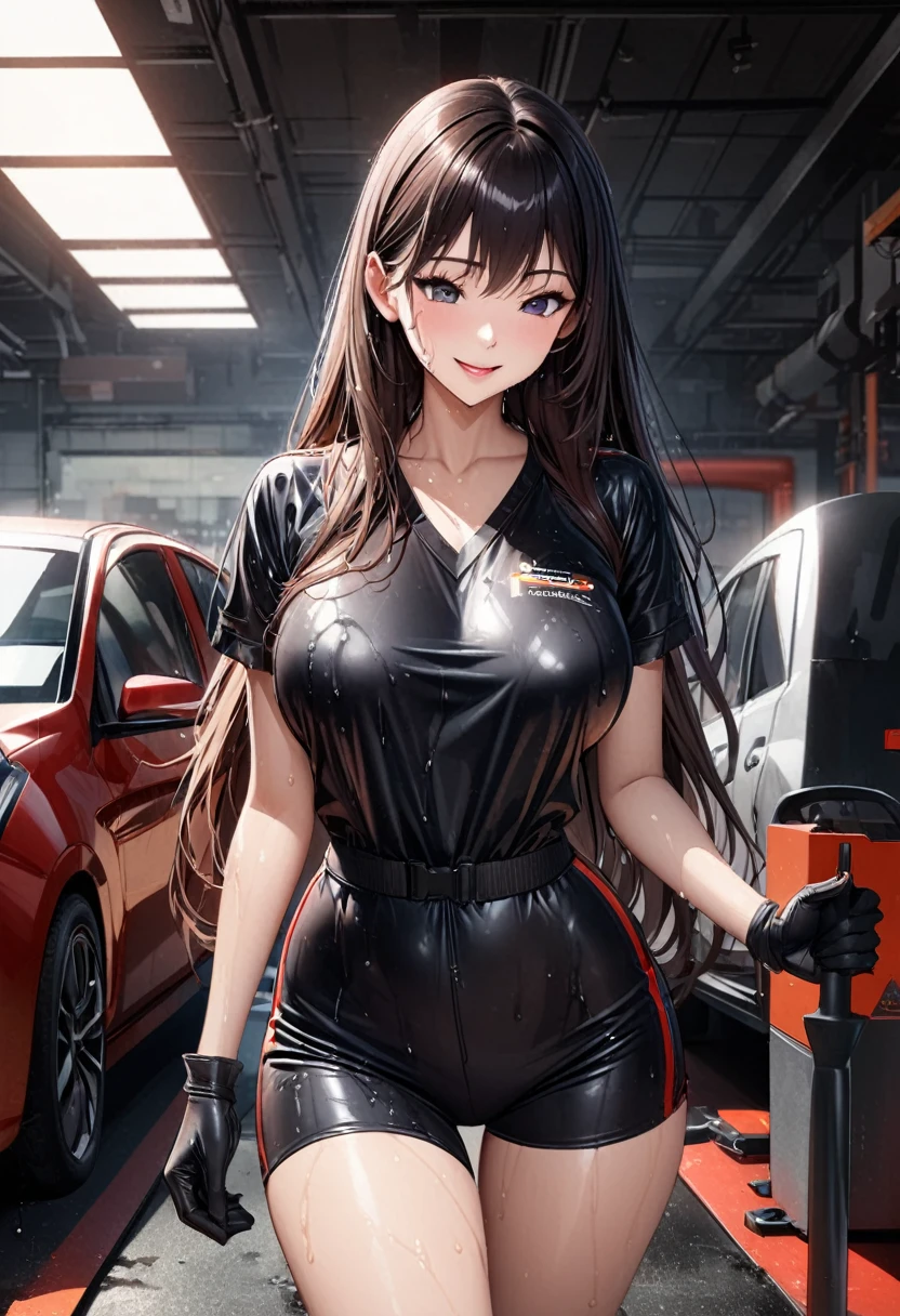 Beautiful girl 、Age 30、Best Quality、Ultra-precision、Detailed drawing、Car Garage 、black mechanic suit、Red Line、White V-neck shirt、 black gloves 、tool、Sharpness、 long hair、Vivid colors、smile、 Beautiful Slender Body 、Beautiful big boobs、Accurate depiction、 CG Illustration 、Wet with sweat、Accurate depiction of 、
