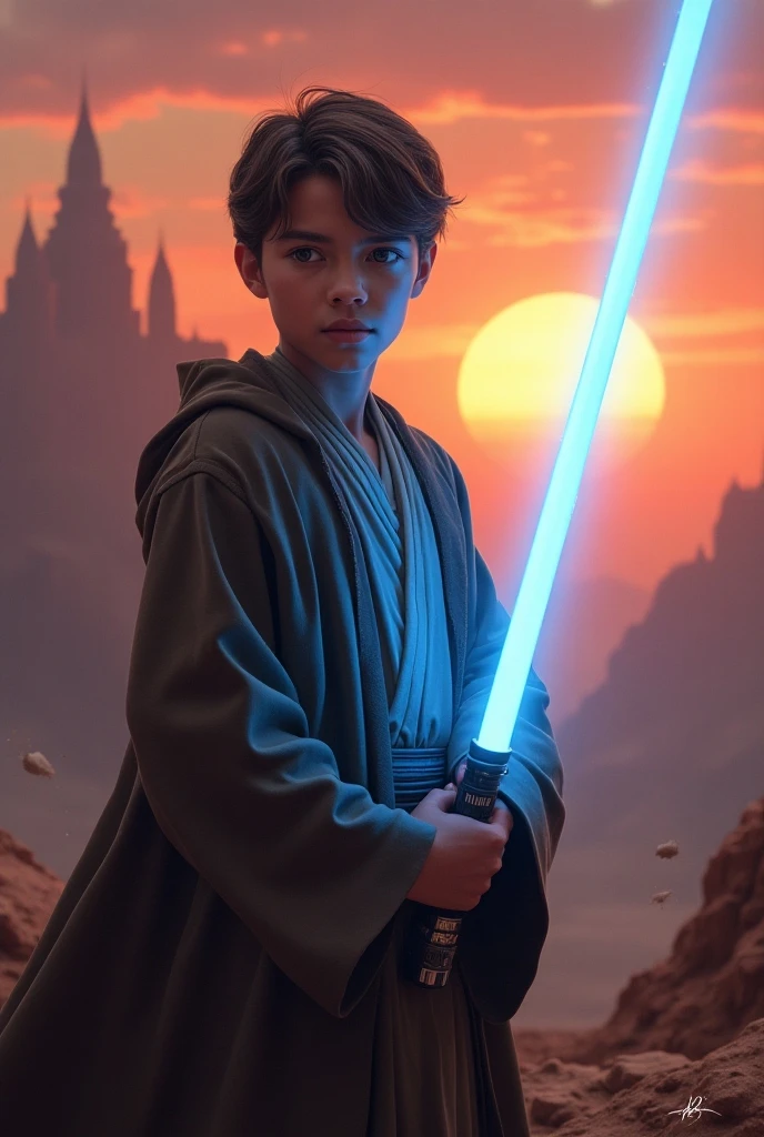 Create an ultra-realistic and vibrant image of a young Jedi standing on a rocky terrain under a twilight sky filled with distant stars and swirling nebulae, inspired by the Star Wars universe. The Jedi, a about 10 yearsssed in traditional Jedi robes, holding a glowing blue lightsaber with an intense and determined expression. The light from the saber casts a soft blue glow on the Jedi’s face, highlighting the determination in their youthful eyes. Behind them, a dramatic landscape of craggy cliffs and alien vegetation unfolds, with the remnants of ancient ruins partially buried in the rocky ground. The atmosphere is charged with energy, as the Force seems to emanate from the child, causing subtle ripples in the air. The overall scene is meticulously detailed, capturing the essence of the Star Wars universe with rich textures, dynamic lighting, and a sense of epic adventure.
