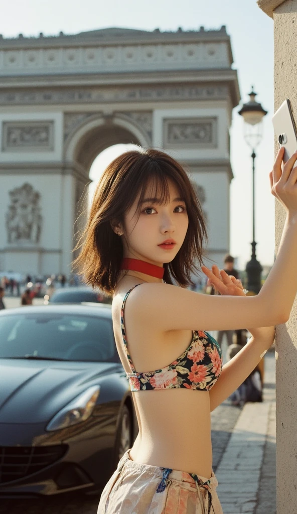 Japanese Girl、 small breasts、Petite、slim、,Wavy bob cut, short ponytail, beautiful girls,Age 15,,,Idol,Long Hair,  short hair, ,  floral bikini、Something like that ,  Loafers, ( smartphone in your hand that stands evenly against a wall:1.3),Street lamp,France,In front of the Arc de Triomphe、I'm standing in front of a sports car and taking a selfie、Mercedes Benz、Ferrari、luxury car、whole body、 Close one eye、Wink、Red collar、