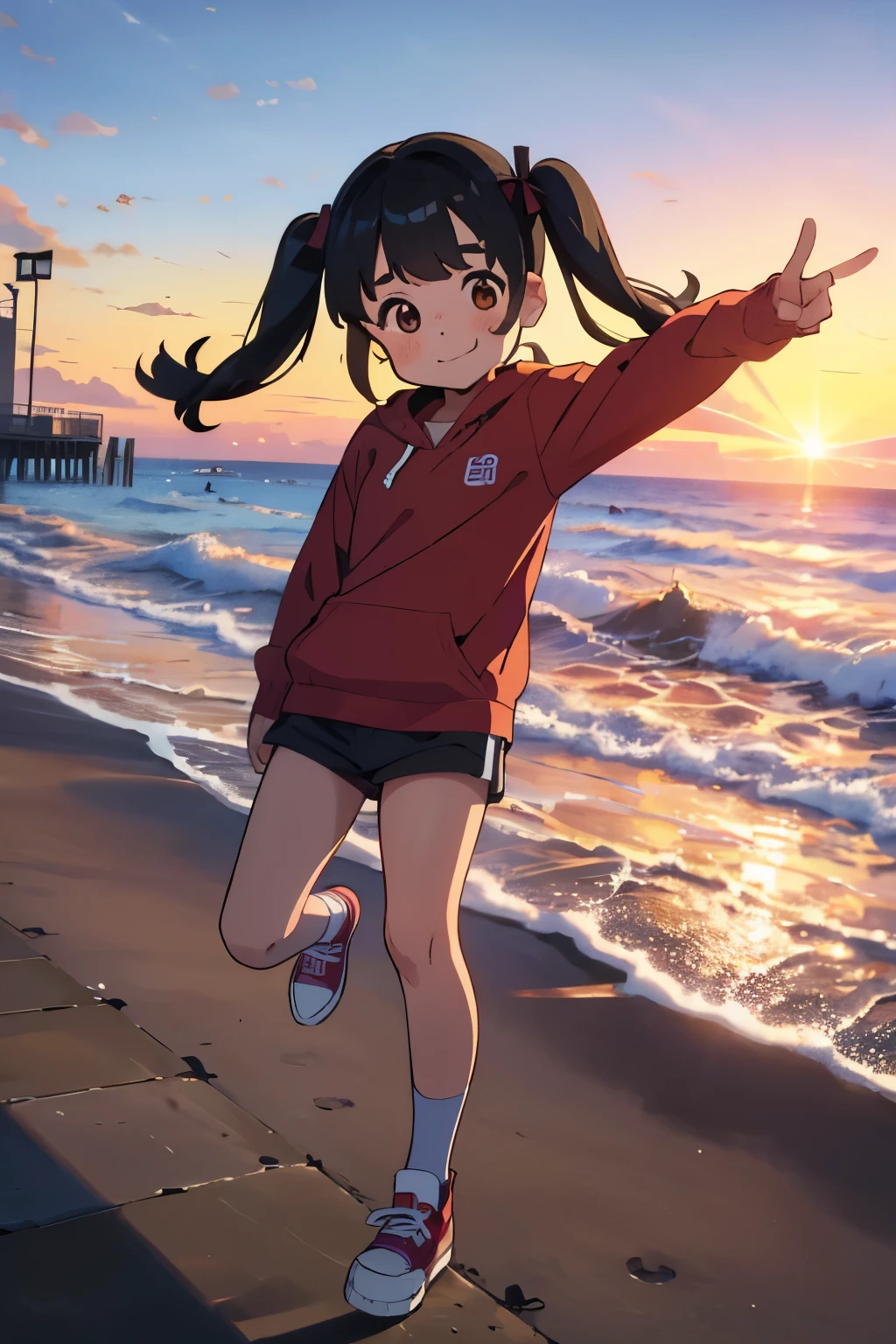 Squats and，  a very young girl ，1 person，Droopy eyes，baby face，Round face， thick eyebrows，  short twin tail pointing towards the viewer， straight bang ， Black Hair ，Glasses， Brown Eyes ，Seaside Park， positive， Very short stature， toddler figure ，To you， has a smiling face ，Sunny autumn day， Long Sleeve ， sneakers， Autumn evening on the seaside pier，Crash into the pier at full speed、 Jumping into the sea， Beautiful Sunset ，(:1.5)，

