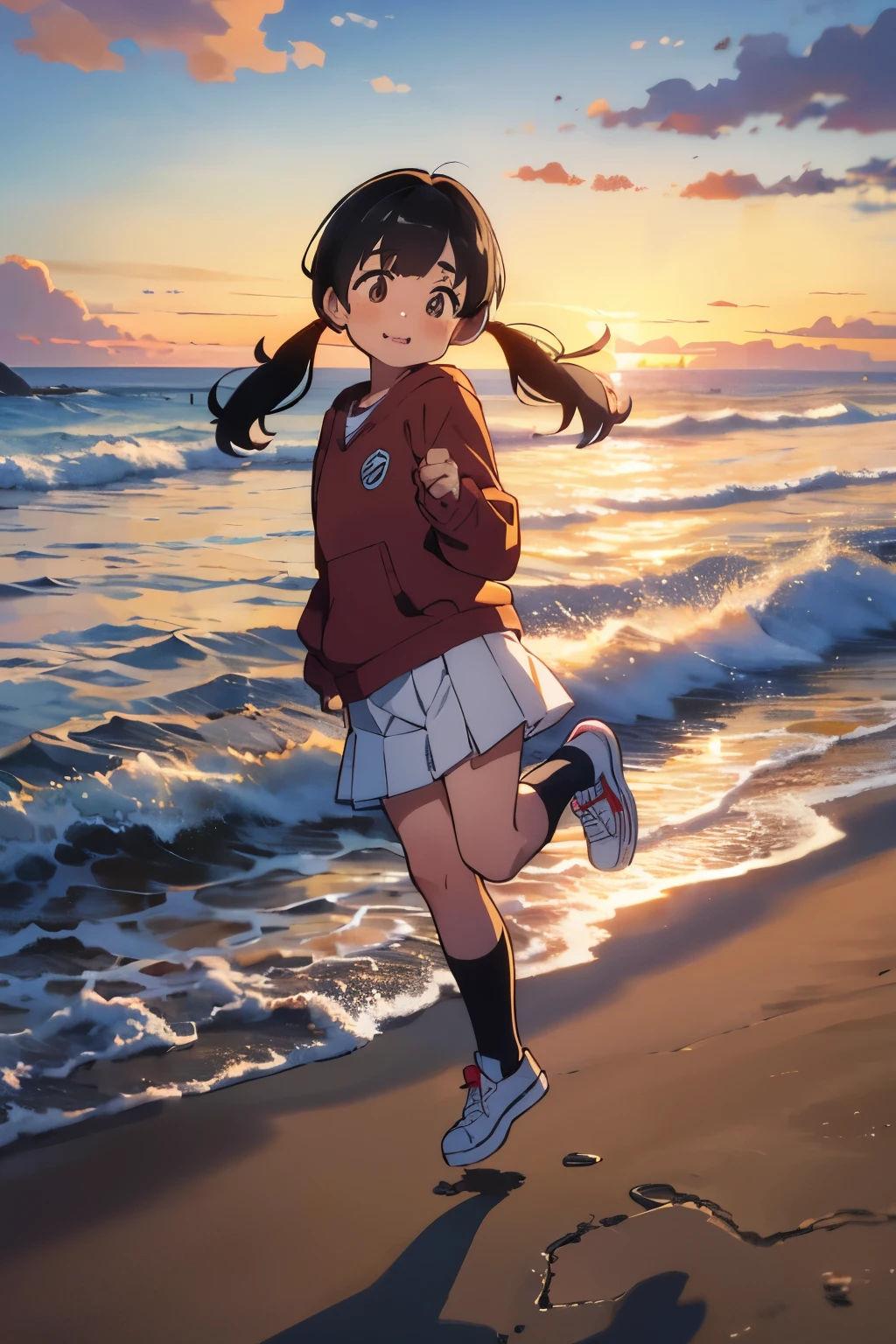 Squats and，  a very young girl ，1 person，Droopy eyes，baby face，Round face， thick eyebrows，  short twin tail pointing towards the viewer， straight bang ， Black Hair ，Glasses， Brown Eyes ，Seaside Park， positive， Very short stature， toddler figure ，To you， has a smiling face ，Sunny autumn day， Long Sleeve ， sneakers， Autumn evening on the seaside pier，Crash into the pier at full speed、 Jumping into the sea， Beautiful Sunset ，(:1.5)，

