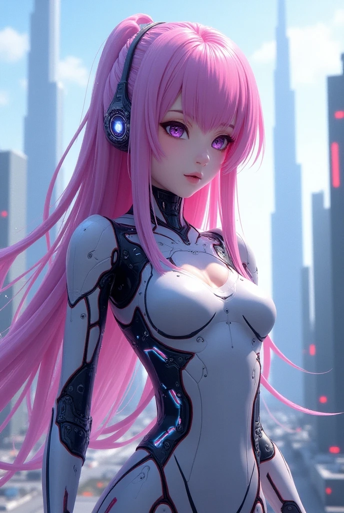 Very detailed background, masterpiece, best quality, 1 Girl, Solitary, ((masterpiece, best quality)),Best aesthetics, Zero Two (Honey), Honey, Bangs, bite, blush, Cover the navel, Eyeshadow, Green Eyes, Hair on the back of the head, Hands on Hips, trumpet, Smile, Long hair, Looking at the audience, cosmetic, Medium breasts, Pilot suit, Red suit, Pink Hair, red Eyeshadow, Science fiction, Firming skin,
