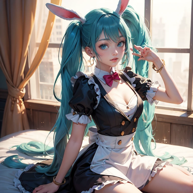 Hatsune Miku, long hair, aqua hair, twintails, cat ears, animal ears, long flowing hair, floating hair, ornament hair, perfectly body, perfectly hands, dark pink rose on hair, maid, maid dress, maid headdress, maid apron, white apron, on street, petals in the air, blossom peach tree, centered girl, maid dress, black dress, more details on her clothes, dress with transparency, golden details, daylight, smiling, cape, ((4k, masterpiece, top-quality)),8k, best quality, high resolution, HD, (illustration:0.8), super cute girl, delicate and beautiful face, 1girl, solo, mature girl, super cute hairstyle, (beautiful detailed eyes:1.6), extremely detailed face, perfect lighting, extremely detailed CG, (perfect hands, perfect anatomy), Best quality, cleavage, small skirt, full Body,