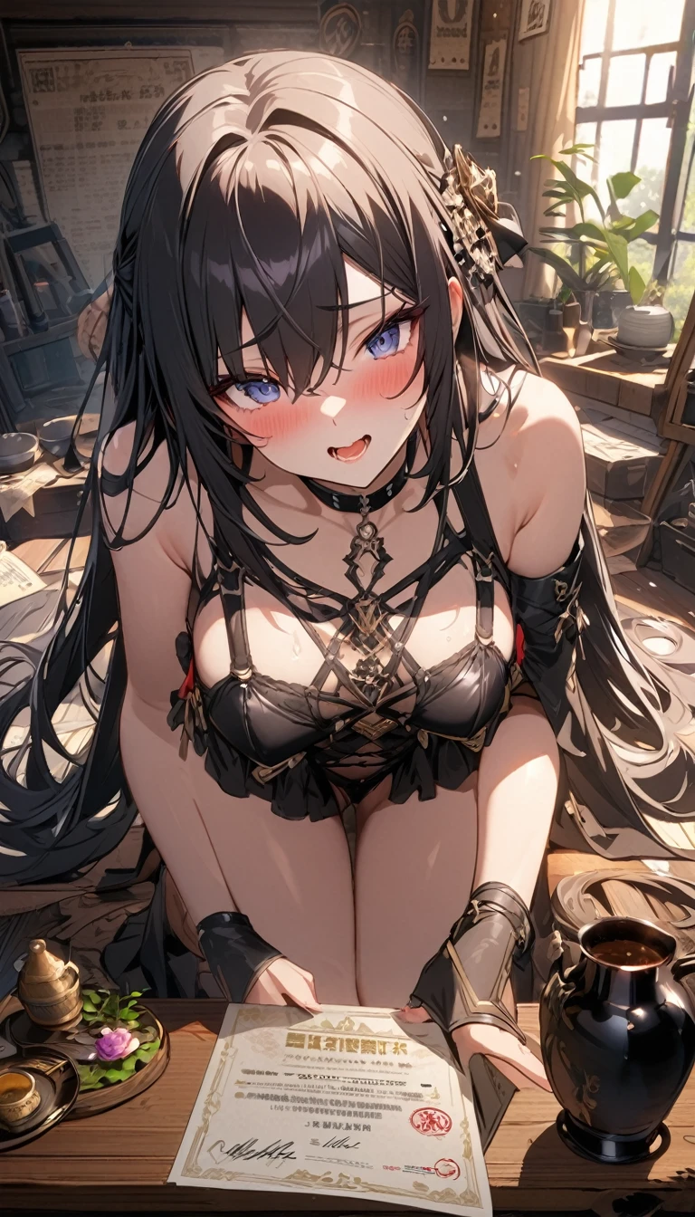 25 year old human girl with Mediterranean features, very long black hair, has super gigantic breasts, slim body, torn blouse that can't contain her breasts, black pleated miniskirt, has a slave collar, a man behind her groping , each breast is tied with ropes, she is standing between two poles with her arms outstretched and tied to the poles that are on her hips in a prison, she has a proud look