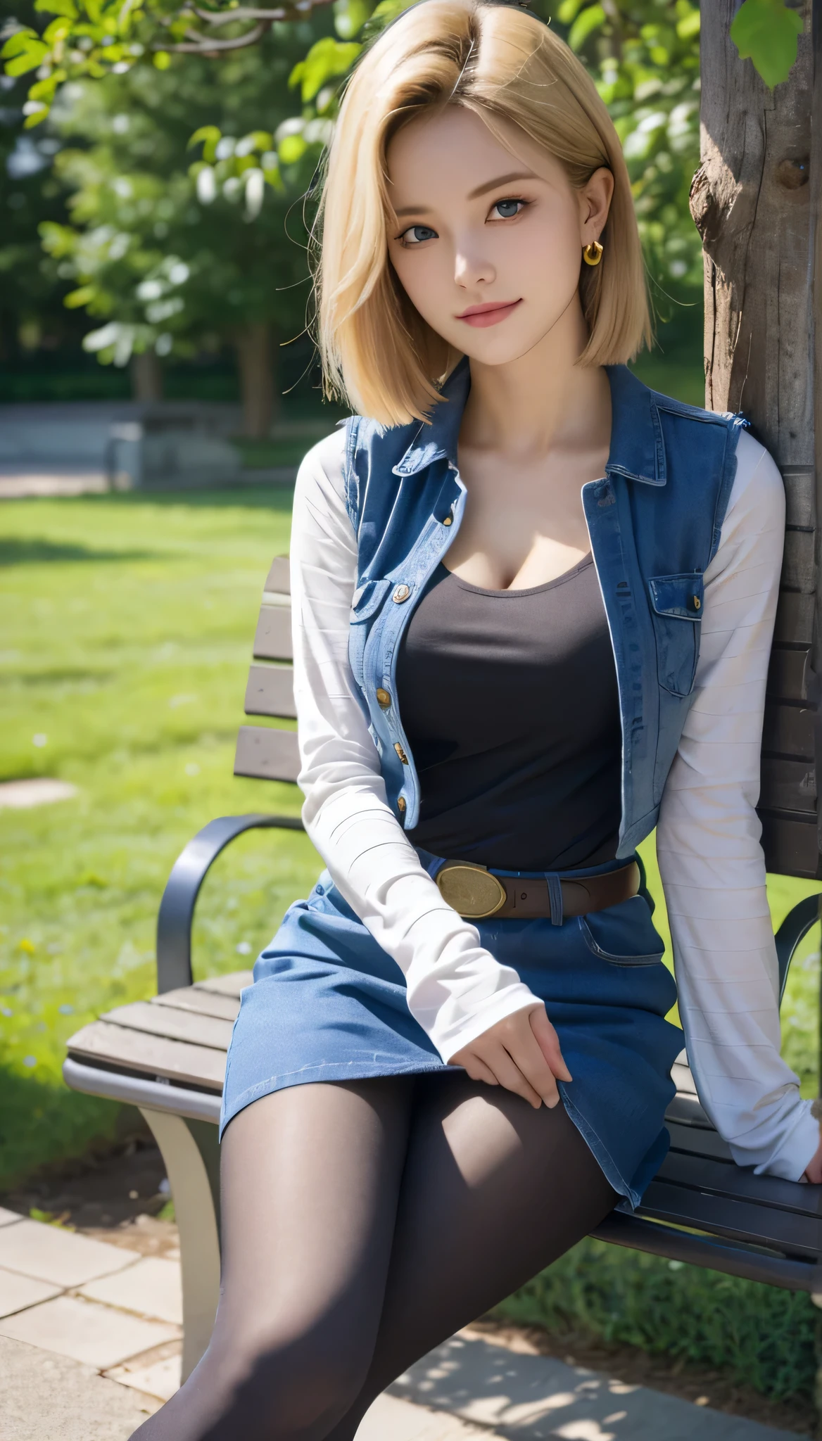 Android 18, Light Blonde, Medium Bob hair, blue eyes, Wearing earrings, Long sleeves, Mini denim blue skirt, Black T-shirt with high cleavage, Big breasts, Denim short blue Vest, Belt, Pantyhose, Western boots, Looking at viewer, Slight smiling with closed lips sitting, On bench, Spread her right leg slightly outside, trees, blue sky, sit on a bench, outside, park, grass, Summer, trees, blue sky, high quality, masterpiece,  