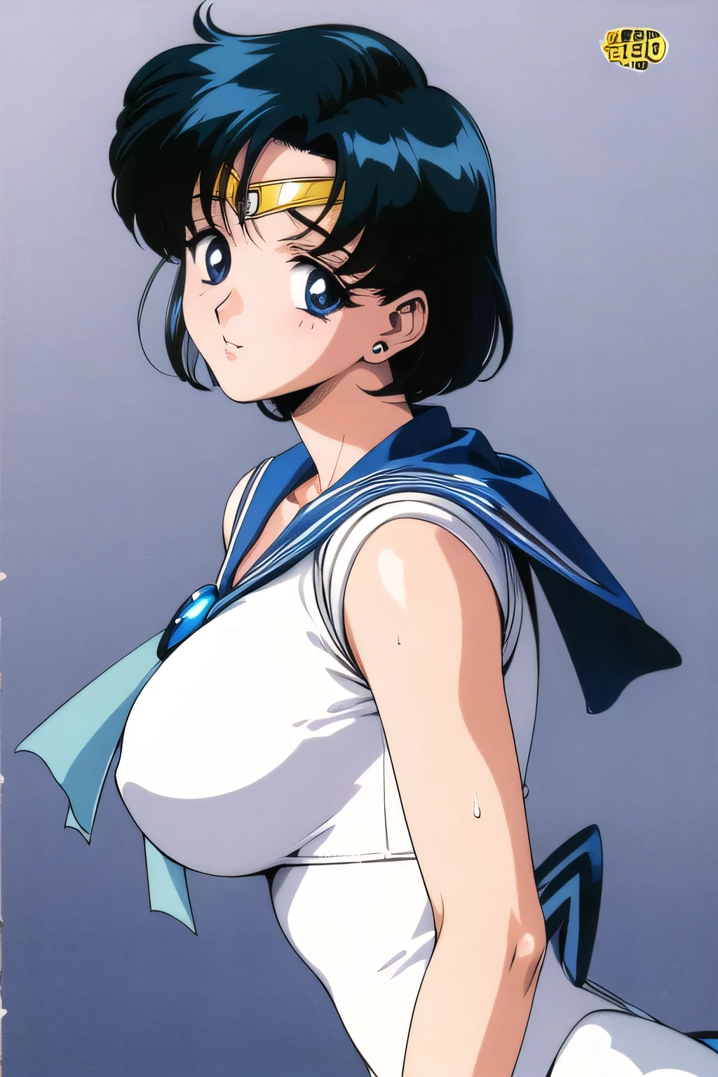 best quality,masterpiece,1girl, solo, (torn clothes:1.3), ecchi anime style, blush,, Sailor Mercury, Ami Mizuno, neck ribbon, blue hair, short hair, circlet, jewelry, crescent earrings