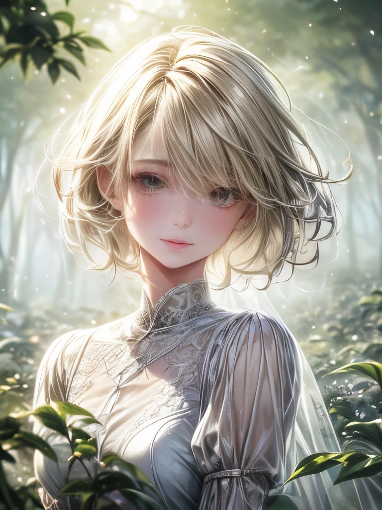 A mage woman wearing a robe of intricate and delicate design looks up at the sky in a lush garden amidst the rain. She has a beautiful face and shining eyes of vivid colors. She wears intricate and delicate ornaments. The sunlight reflects off the raindrops, making them sparkle. Detailed drawing. Vivid colors. High image quality