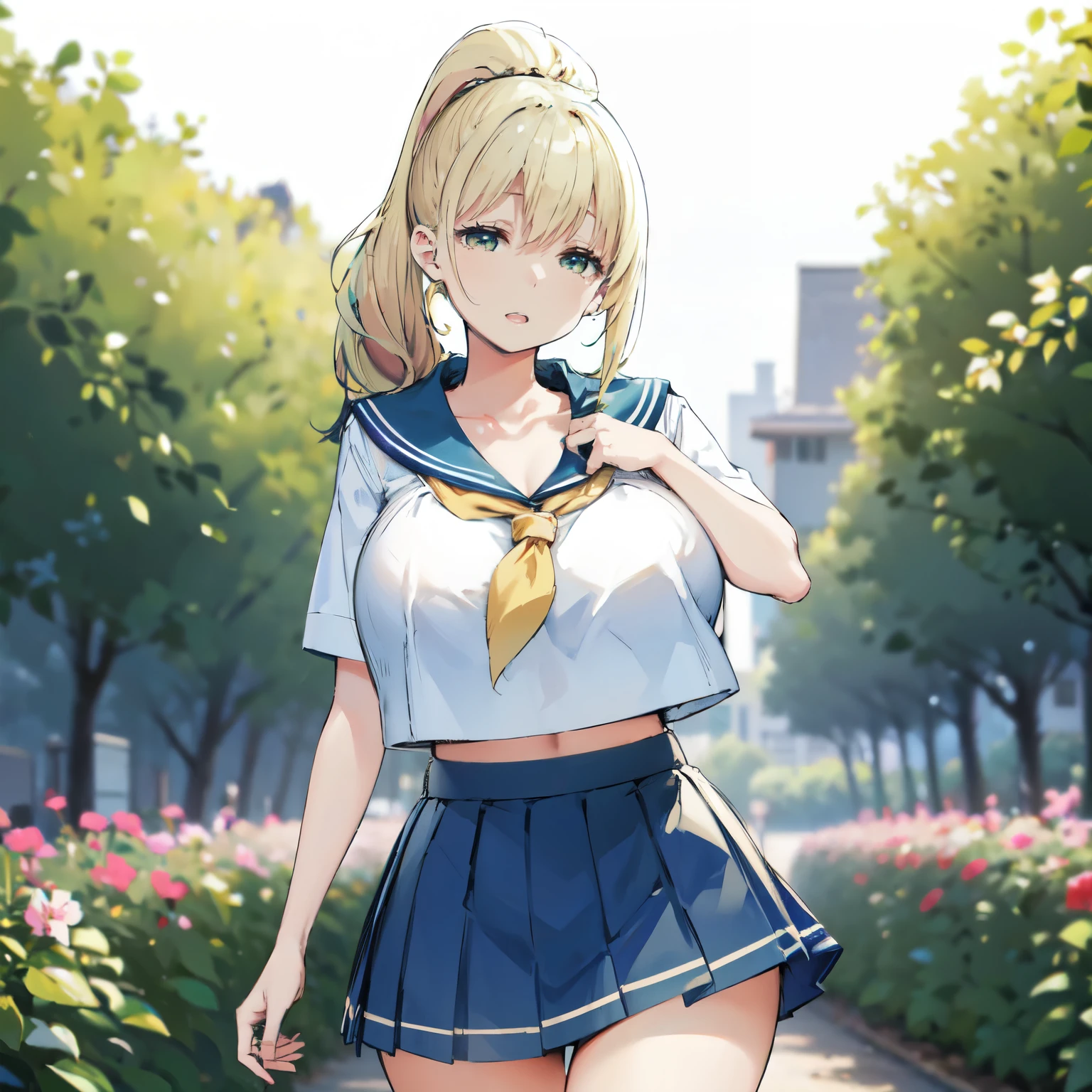 Blonde hair, very huge tits , ((sailor uniform, blue short skirt)), thick, busty, green eyes,  ponytail hair, upperbody, smile, cleavage, legs, thigh, flower garden