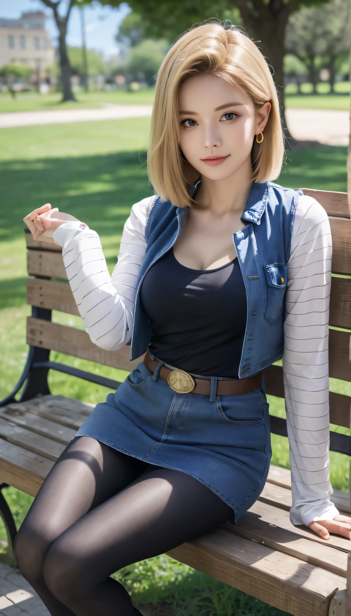 Android 18, Light Blonde, Medium Bob hair, blue eyes, Wearing earrings, Long sleeves, Mini denim blue skirt, Black T-shirt with high cleavage, Big breasts, Denim short blue Vest, Belt, Pantyhose, Western boots, Looking at viewer, Slight smiling with closed lips sitting, On bench, Spread her right leg slightly outside, trees, blue sky, sit on a bench, outside, park, grass, Summer, trees, blue sky, high quality, masterpiece,  