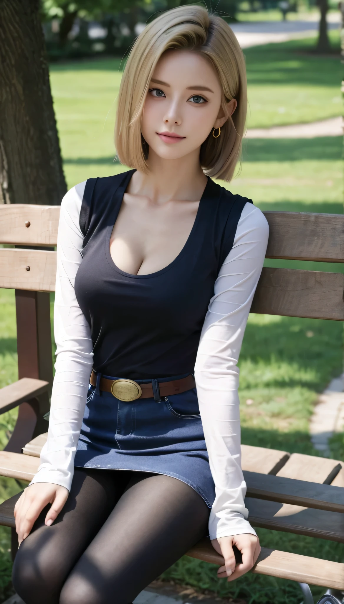 Android 18, Light Blonde, Medium Bob hair, blue eyes, Wearing earrings, Long sleeves, Mini denim blue skirt, Black T-shirt with high cleavage, Big breasts, Denim short blue Vest, Belt, Pantyhose, Western boots, Looking at viewer, Slight smiling with closed lips sitting, On bench, Spread her right leg slightly outside, trees, blue sky, sit on a bench, outside, park, grass, Summer, trees, blue sky, high quality, masterpiece,  