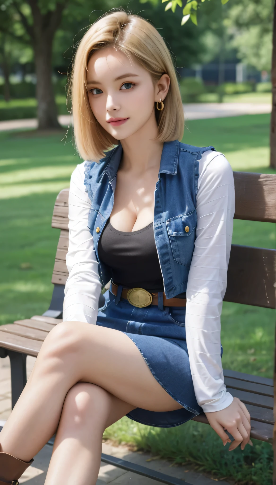 Android 18, Light Blonde, Medium Bob hair, blue eyes, Wearing earrings, Long sleeves, Mini denim blue skirt, Black T-shirt with high cleavage, Big breasts, Denim short blue Vest, Belt, Pantyhose, Western boots, Looking at viewer, Slight smiling with closed lips sitting, On bench, Spread her right leg slightly outside, trees, blue sky, sit on a bench, outside, park, grass, Summer, trees, blue sky, high quality, masterpiece,  