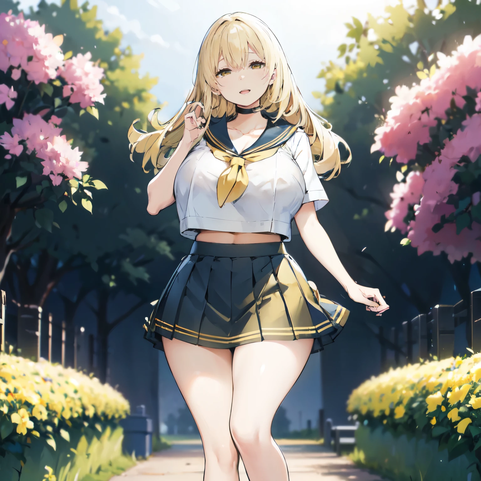 Blonde hair, very huge tits , ((sailor uniform, short skirt)), thick, busty, ((yellow eyes)),upperbody, smile, cleavage, legs, long hair,thigh, flower garden