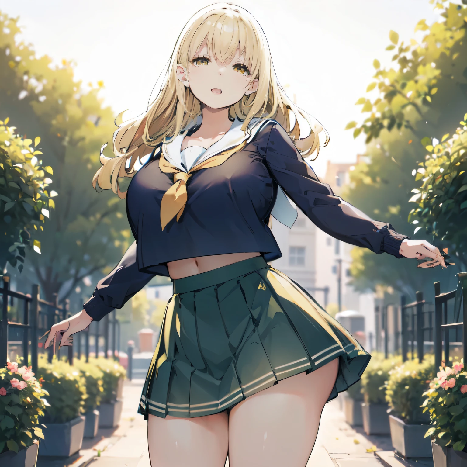 Blonde hair, very huge tits , ((sailor uniform, short skirt)), thick, busty, ((yellow eyes)),upperbody, smile, cleavage, legs, long hair,thigh, flower garden