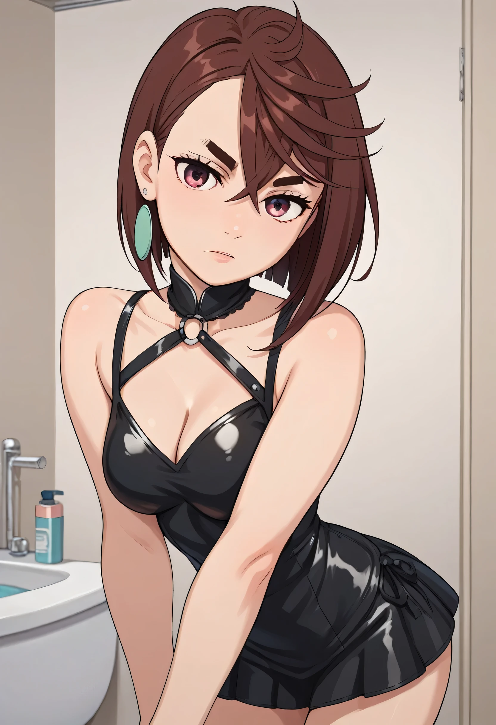 momo ayase, short hair, brown hair, brown eyes, bangs, thick eyebrows, medium breasts, gothic dress, latex, gothic theme, red face, looking at viewer, she wears servant clothes, she is cleaning the bathroom, she wears too small skirt