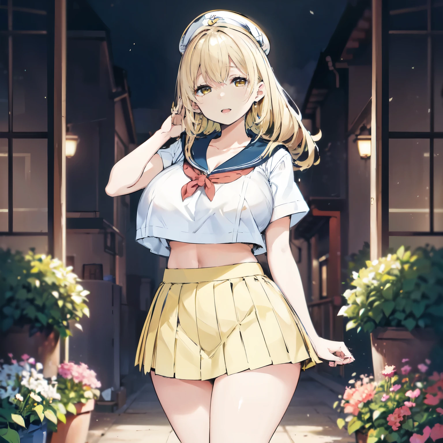 Blonde hair, very huge tits , ((sailor uniform, short skirt)), thick, busty, ((yellow eyes)),upperbody, smile, cleavage, legs, long hair,thigh, flower garden