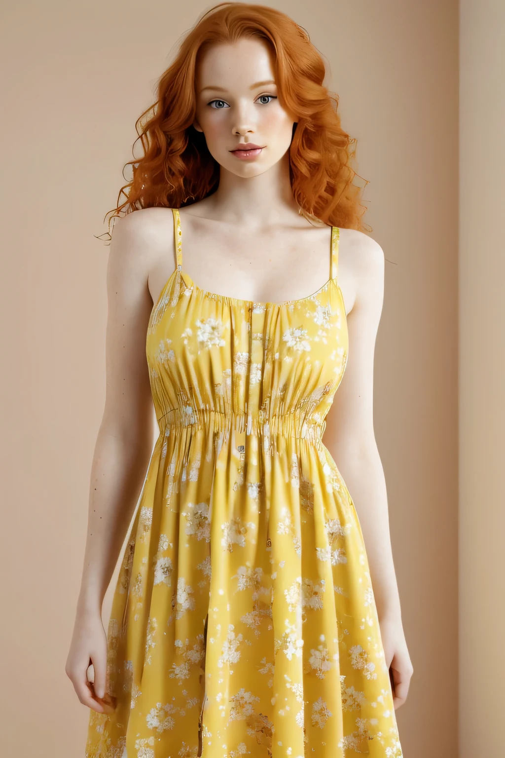 painting, yellow dress, Woman, American, 25 years old, fair skin with freckles, green-gray eyes, delicate nose, soft and delicate lips, long wavy ginger-hair, sweet smile. full body portrait photograph. ultra high res.photo realistic: 1.4, UDH,