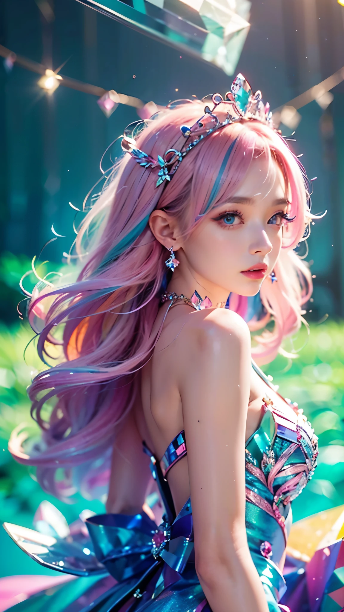 best quality，masterpiece，16k，1girl, bangs, bare shoulders, breasts, crown, crystal, dress, from side, gem,Colorful crystals,Crystal Headwear,There are many crystals on the clothes,Colorful gradient hair,Colorful Dress,Floating Colorful Crystal,Crystal on the body,Crystal necklace,Colorful crystal decoration,Crystal Girl, gradient hair, jewelry, long hair, makeup, medium breasts, multicolored hair, pink hair, solo, tiara