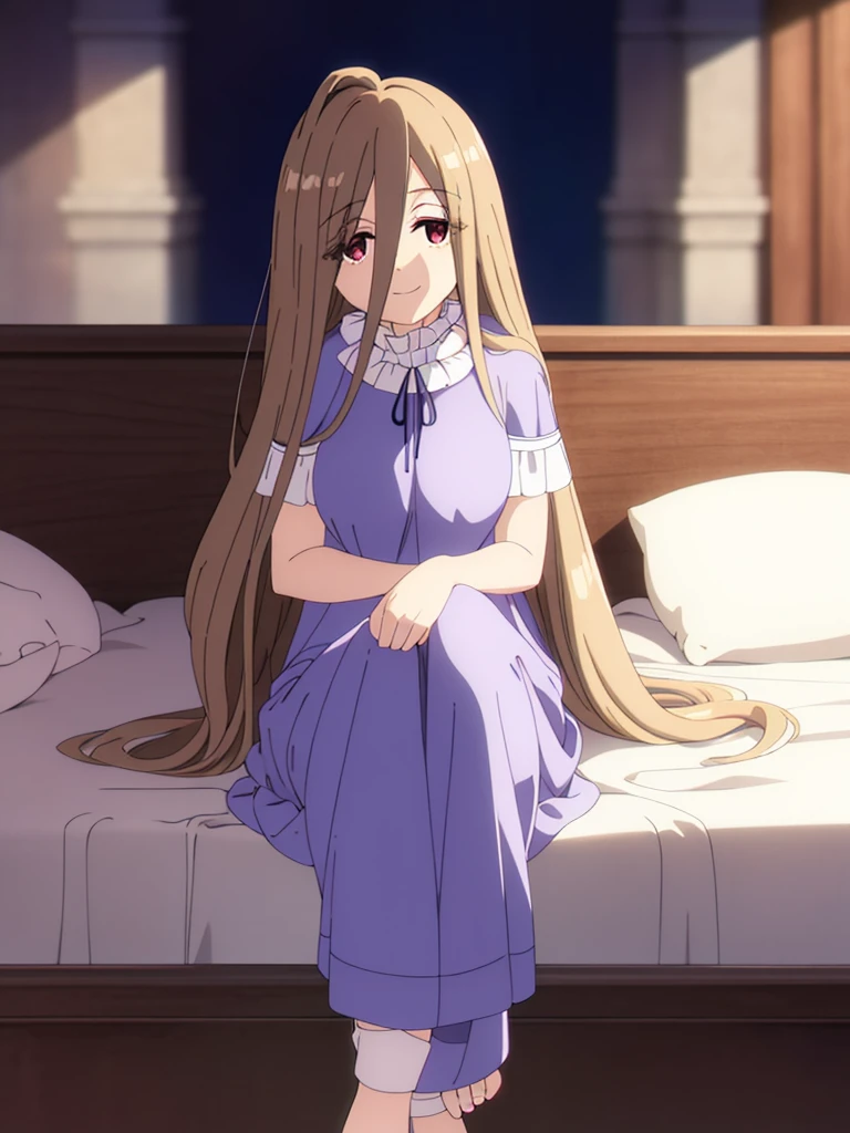 (masutepiece, Best Quality, hight resolution, nffsw, Perfect Pixel, depth of fields, 4K), Beautiful anime girl, Perfect body, sense, long hair, brown hair, hair between eyes, (brown eyes:1.5), very long hair, ahoge,, blush,, (blue nightgown:1.4), , bare shoulders,,, ,, (own hugging feet:1.4),,,,, indoor , bed room, on bed, thighs, bare foot, ,looking at viewer, smile
